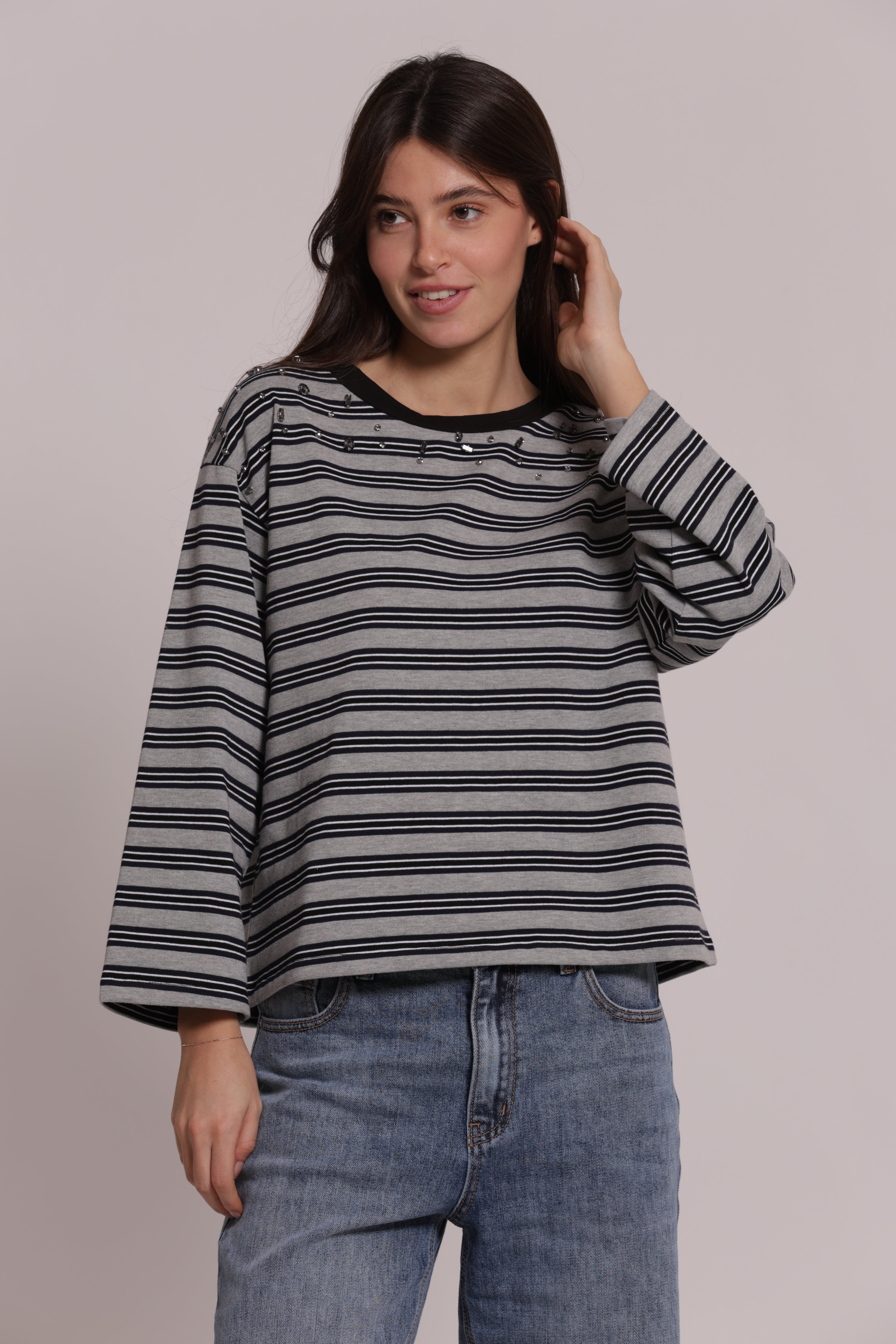 Mimi Mua Righe con Applicazioni t-shirt marrone cotone