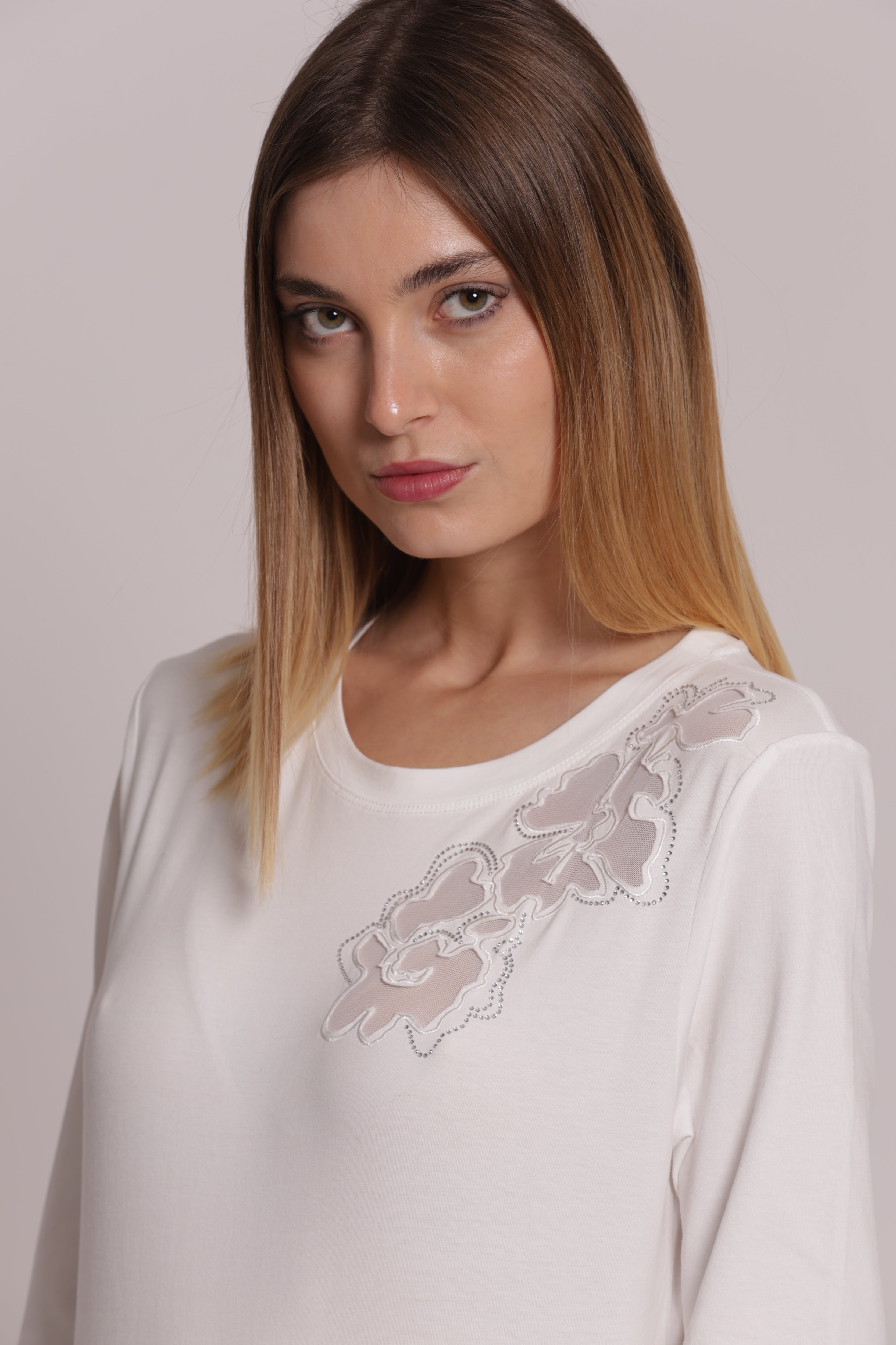 Mimi Mua Trasparenze Strass t-shirt nero maniche lunghe