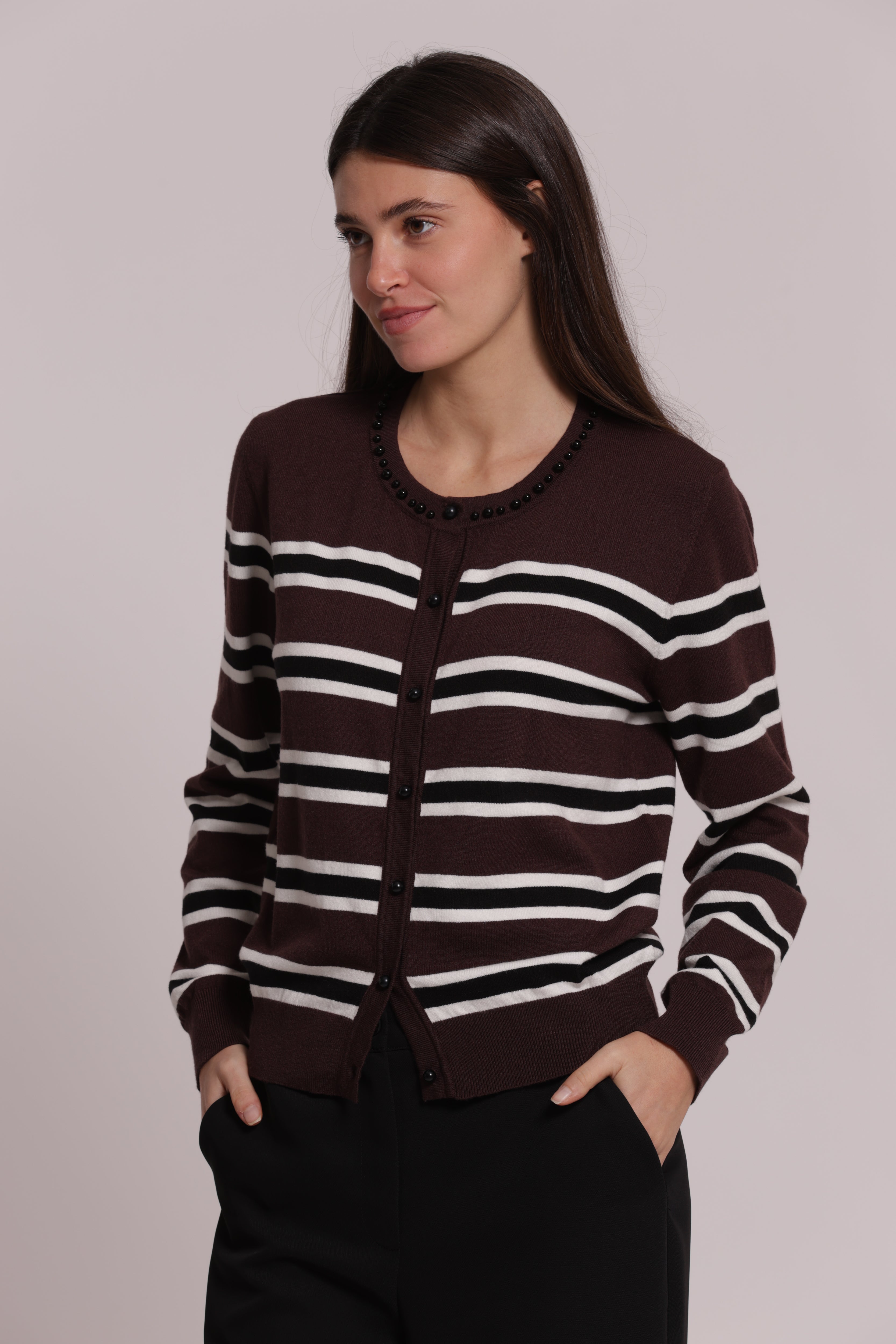 Mimi Mua Cardigan Righe Perle maglia moro