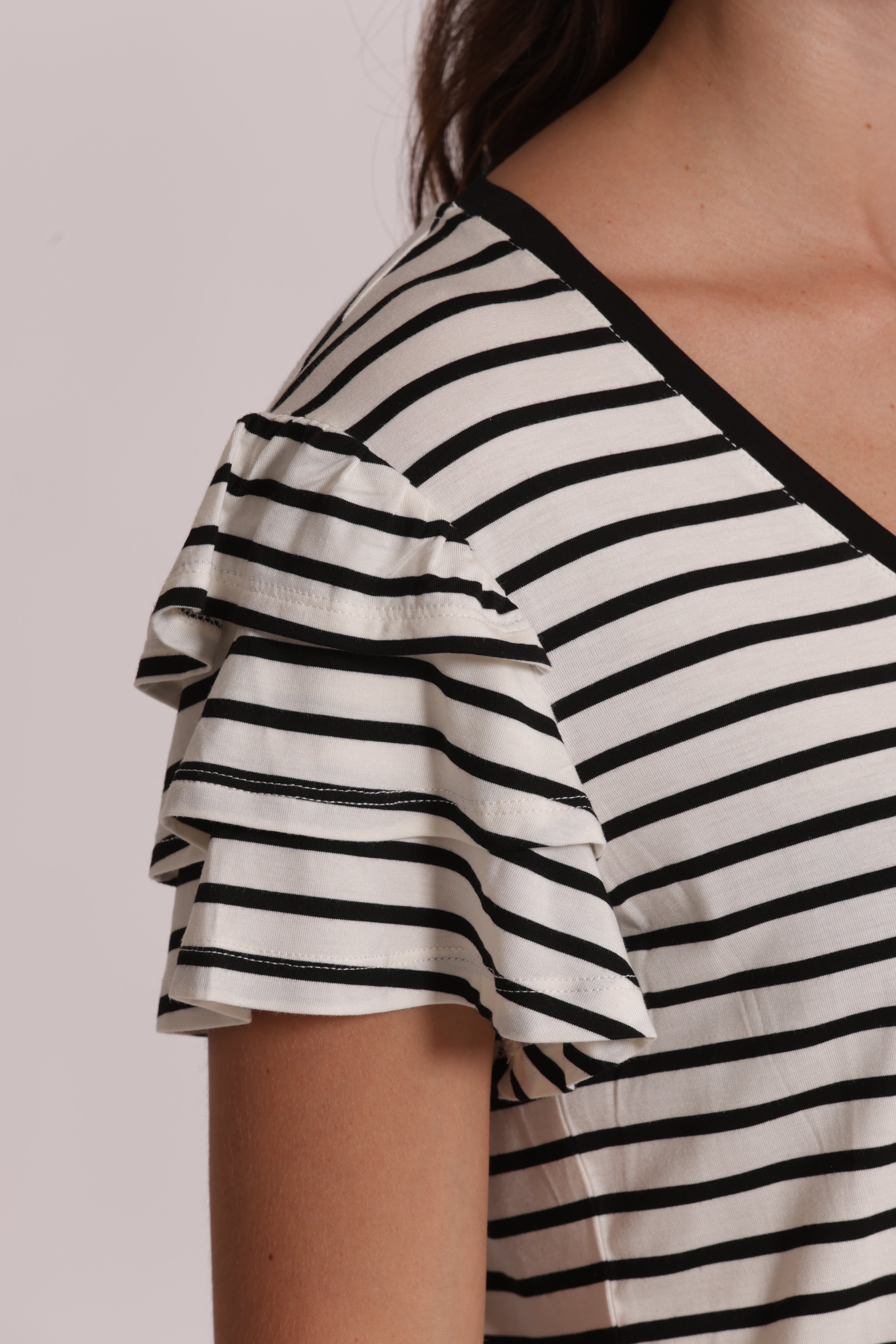 Mimi Mua T-Shirt Righe Maniche Volant Nero/Bianco Cotone