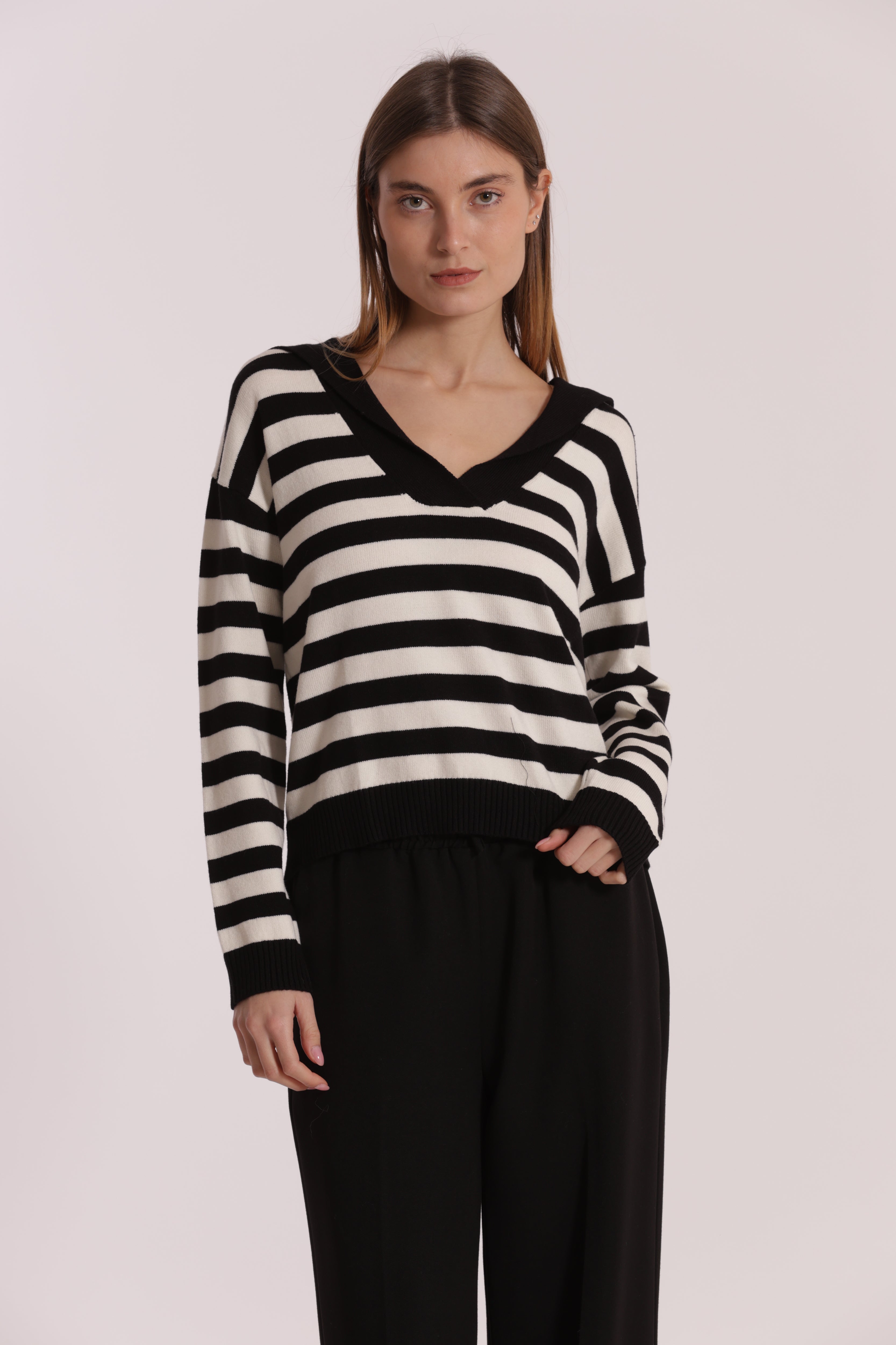 Mimi Mua maglia polo a righe nero bianco