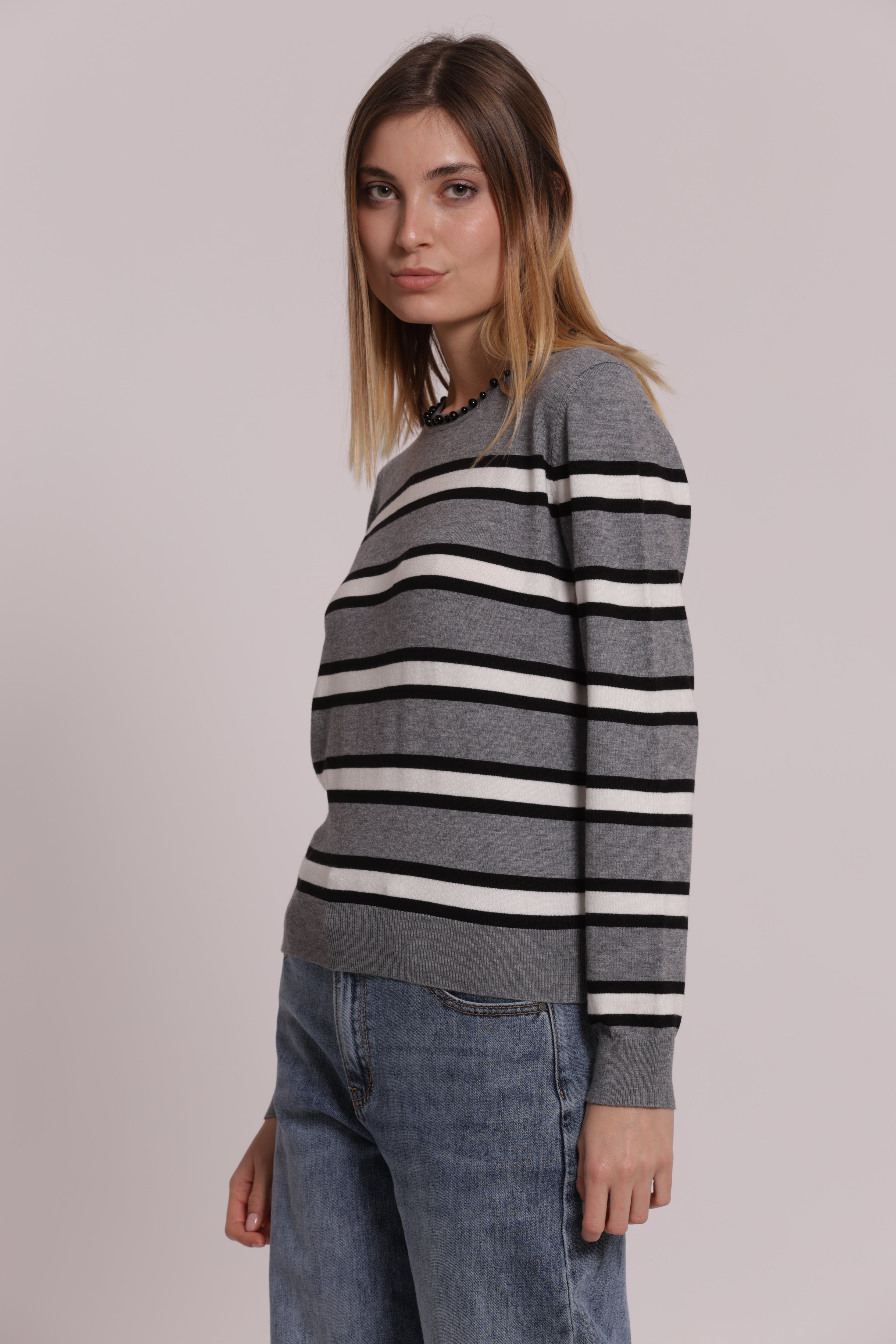 Mimi Mua Maglia a Righe con Perle moro