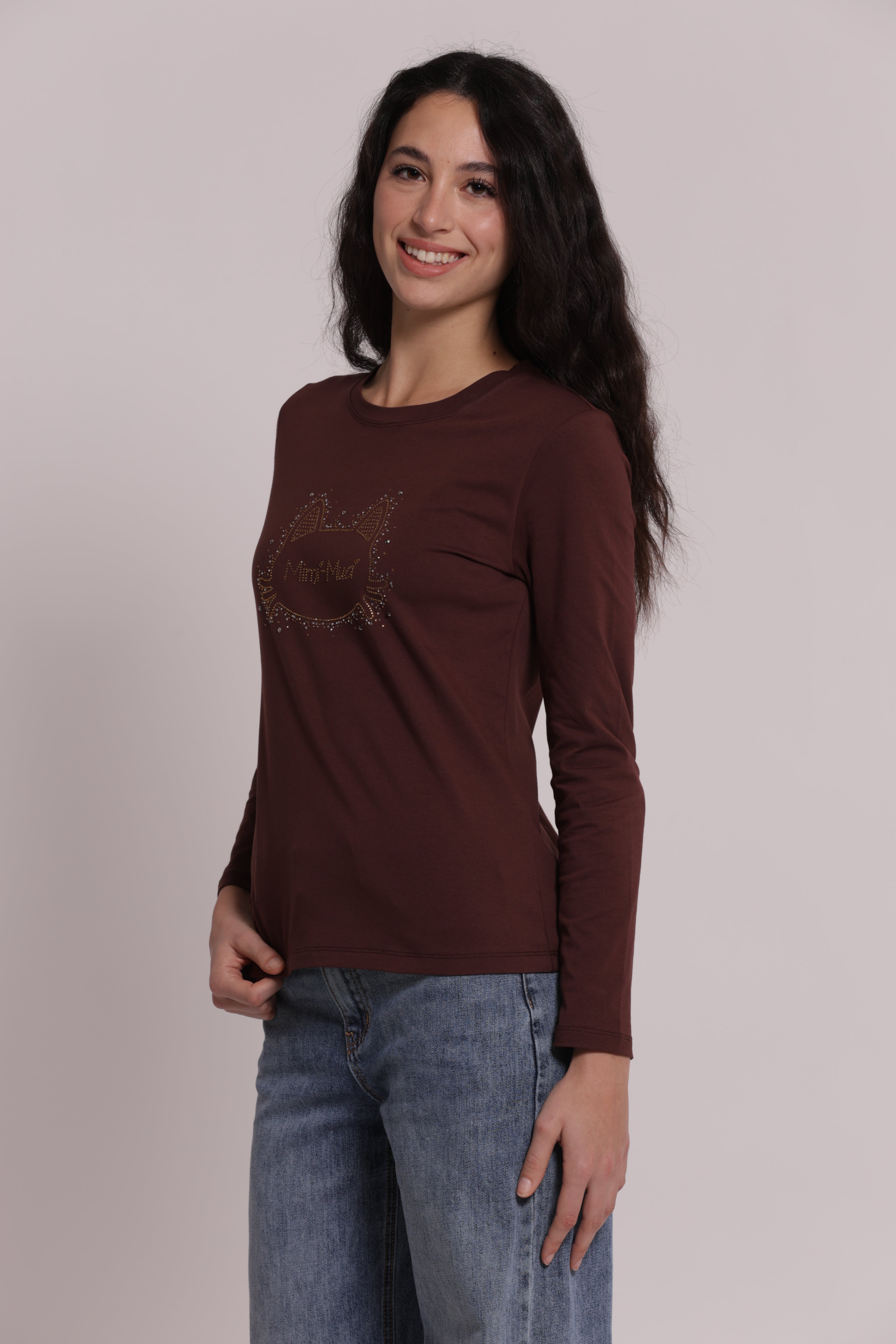 Mimi Mua T-Shirt Maniche Lunghe Gatto Strass Bianca