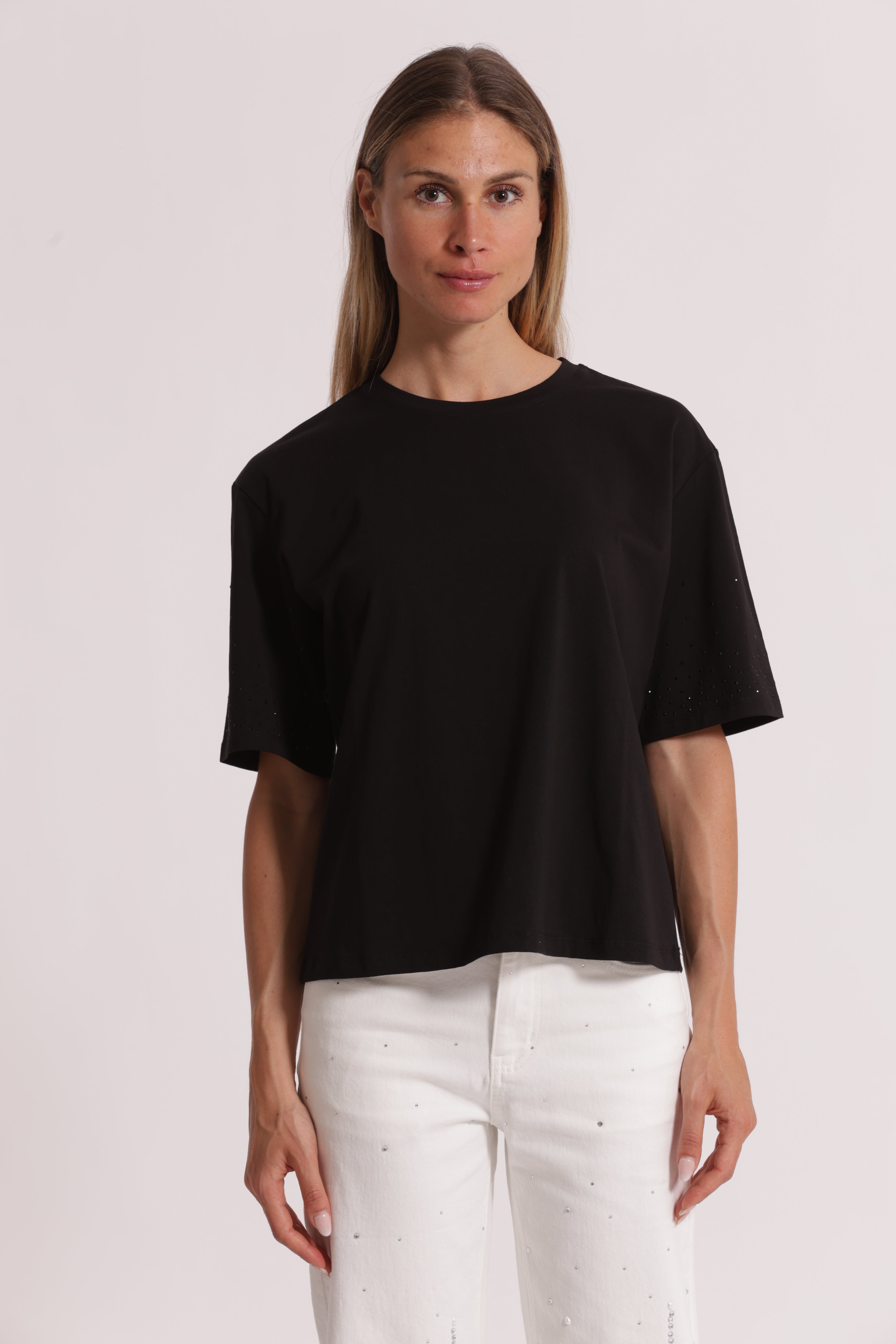 Mimi Mua t-shirt strass maniche bianco cotone