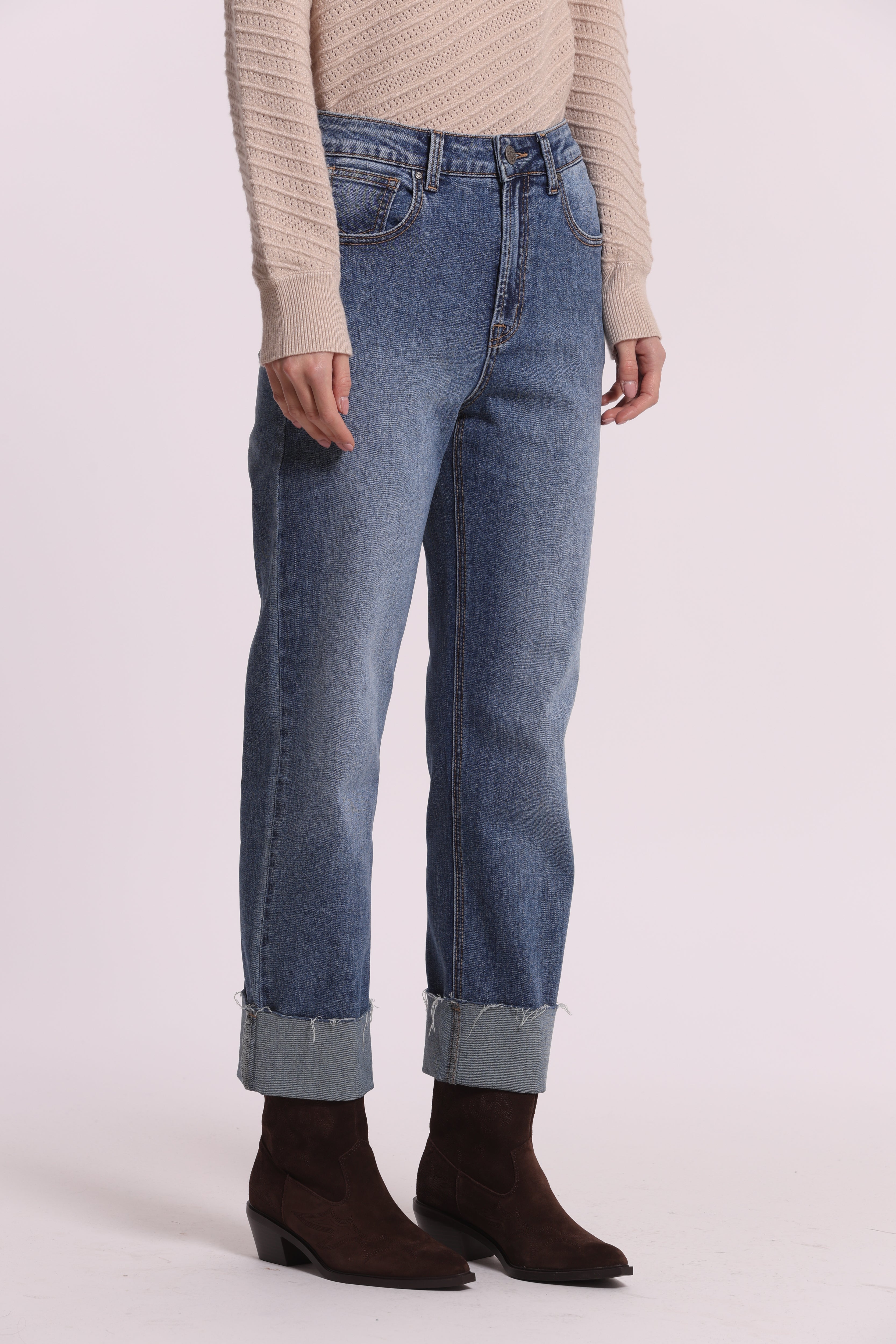 Mimi Mua Jeans Risvolto sul Fondo blu medio cotone