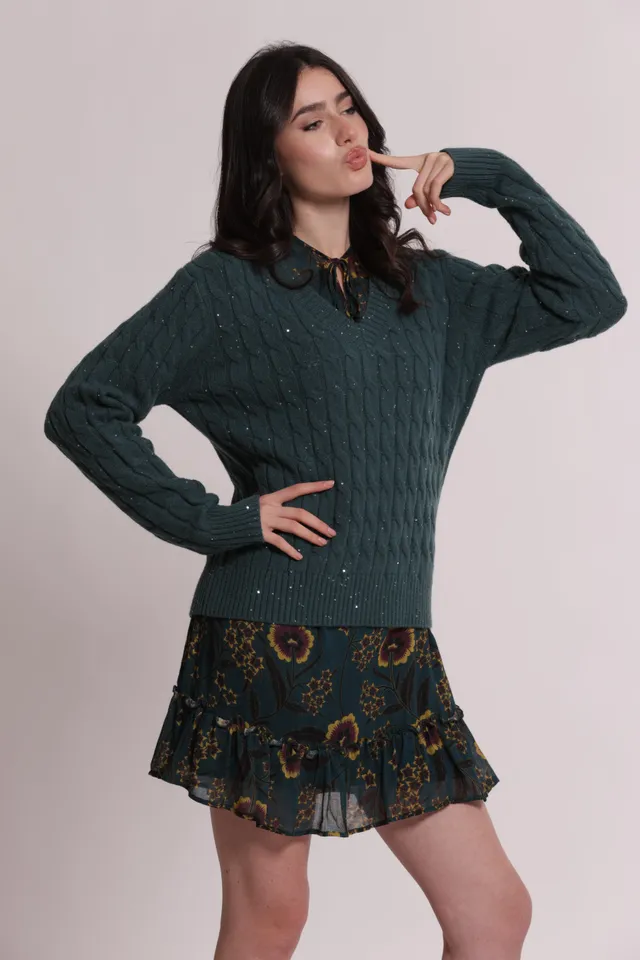 Mimi Mua maglia scollo a V treccia paillettes nera