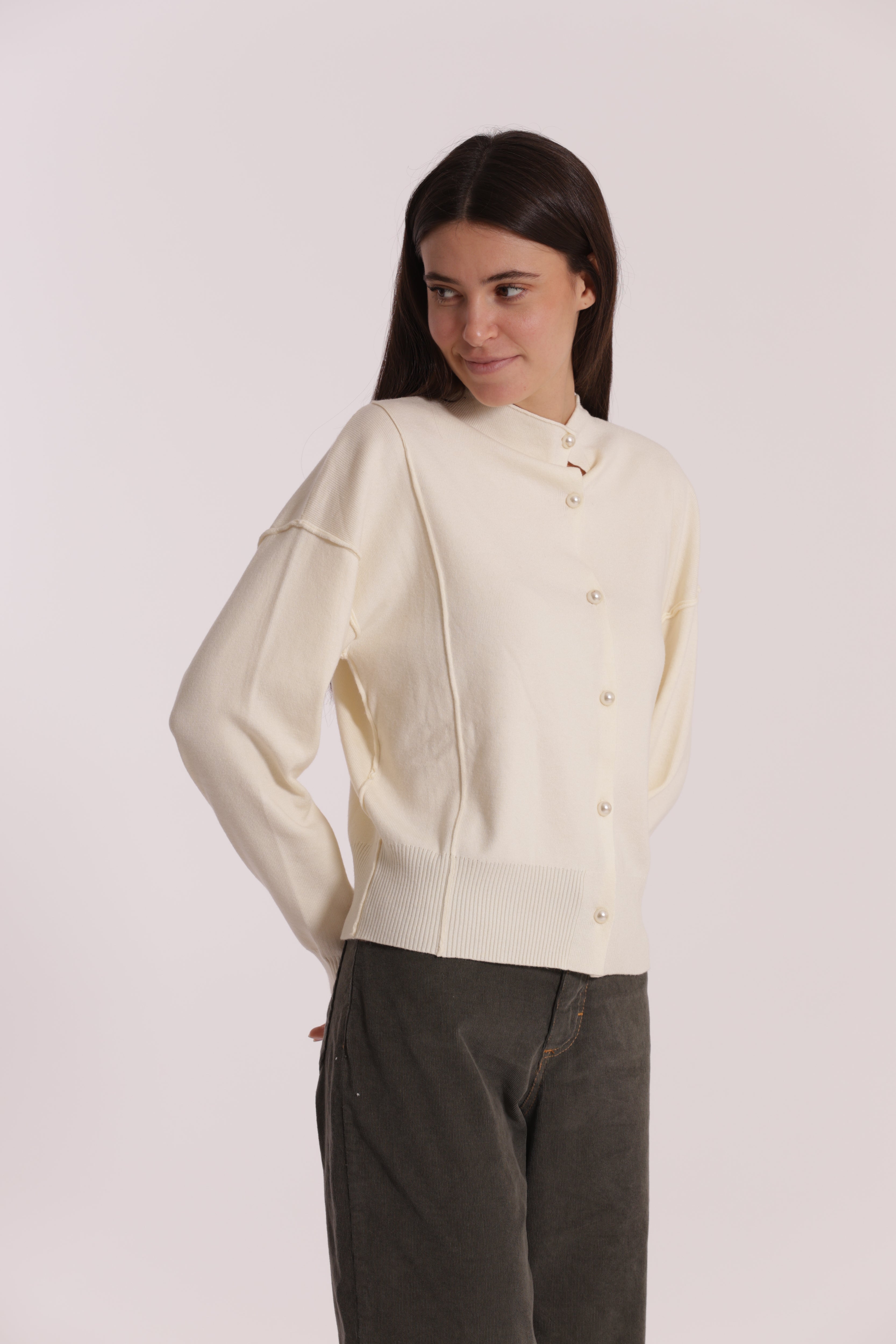 Mimi Mua Maglia Cardigan Bottoni Perle Nero