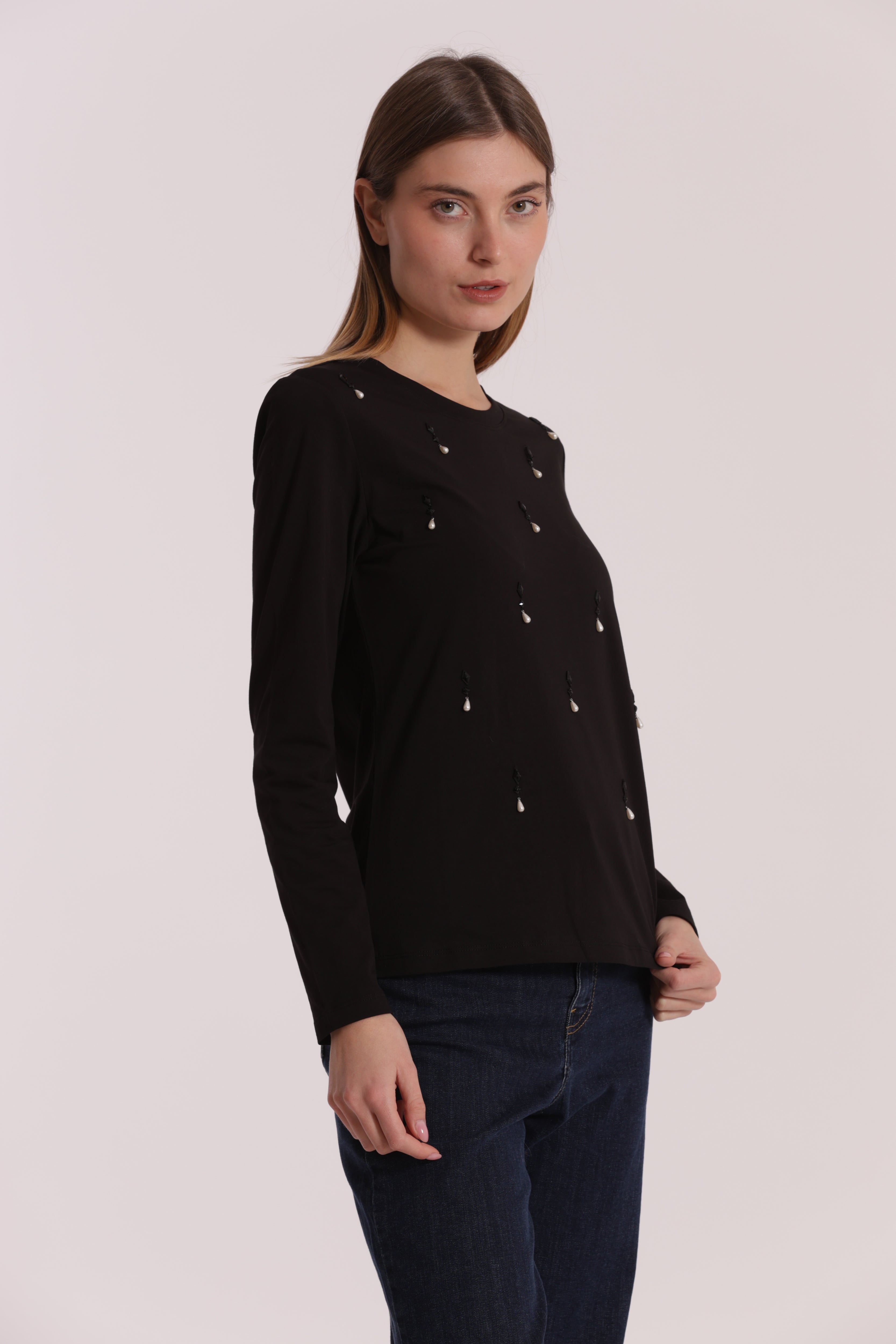 Mimi Mua Pioggia di Perle T-shirt Cotone Nero