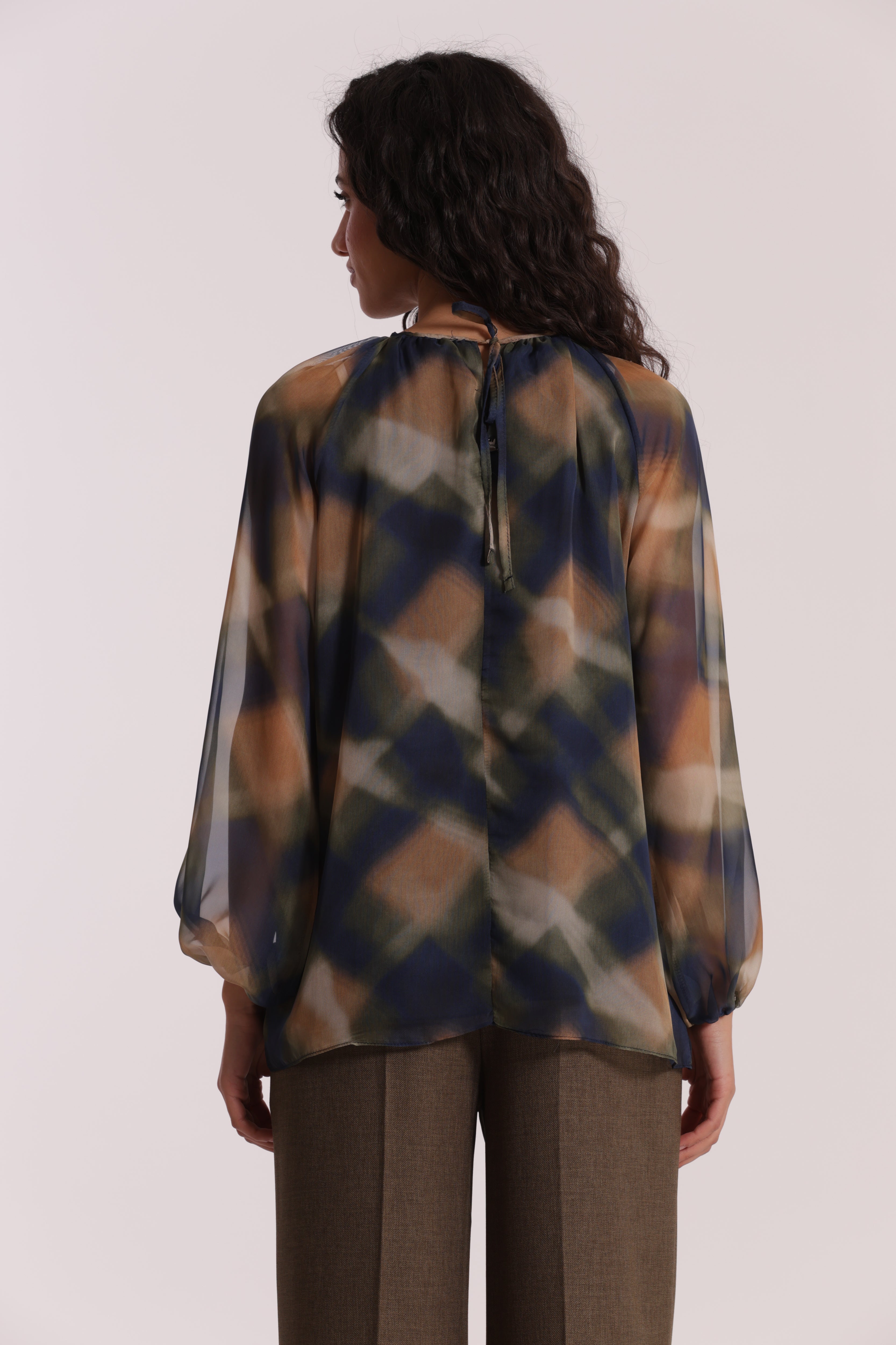 Mimi Mua Blusa Scollo Tondo blusa check blu/cammello