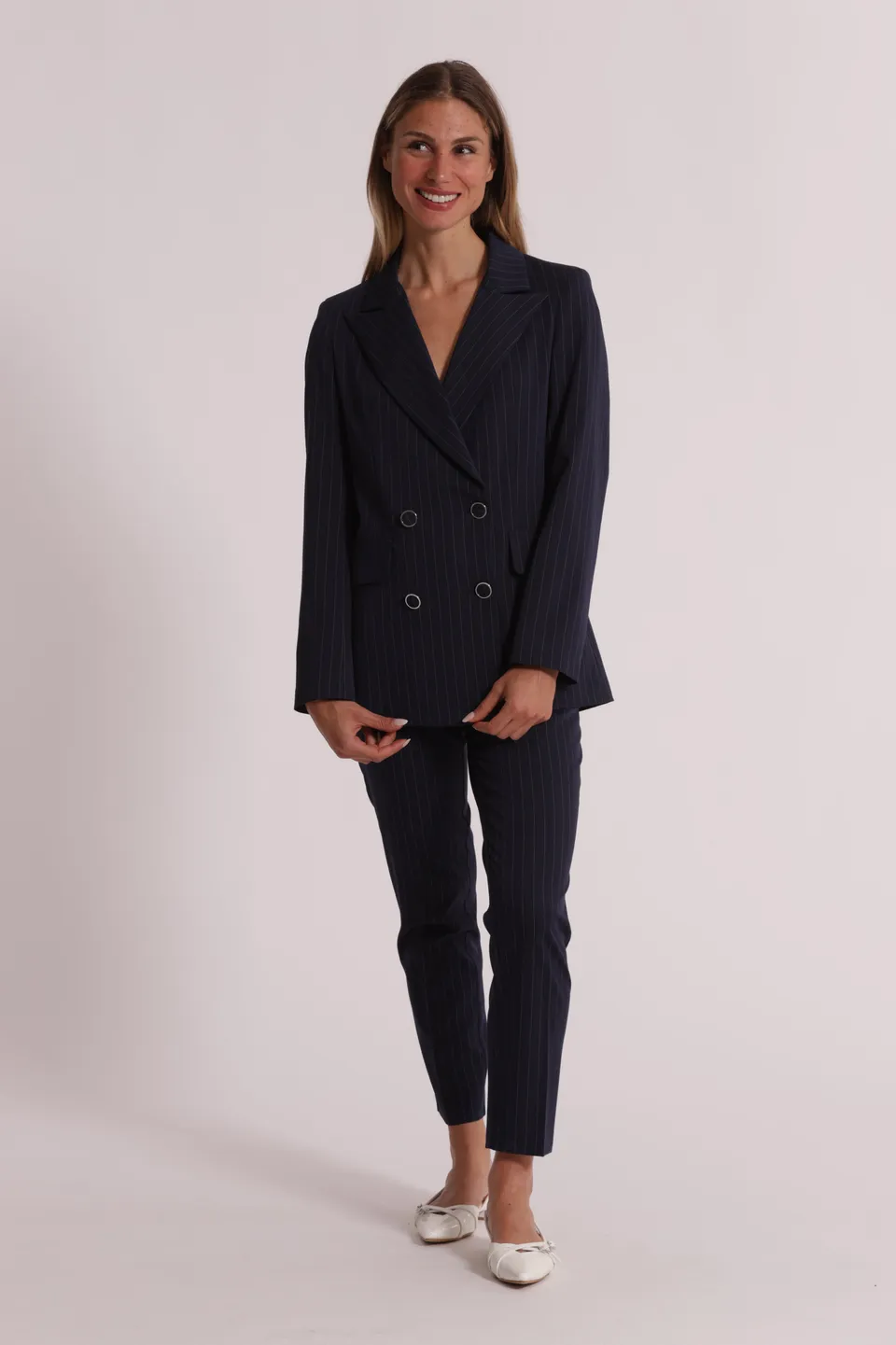Mimi Mua pantalone sigaretta elastico dietro gessato latte