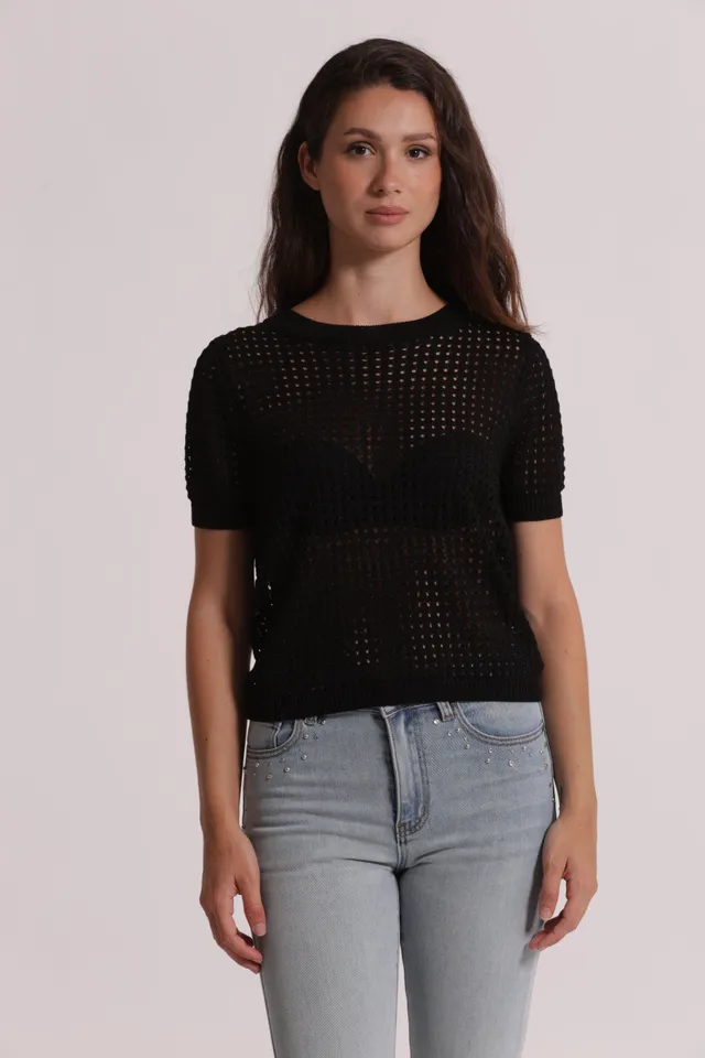 Mimi Mua Maglia Traforata Maniche Corte Nero Viscosa