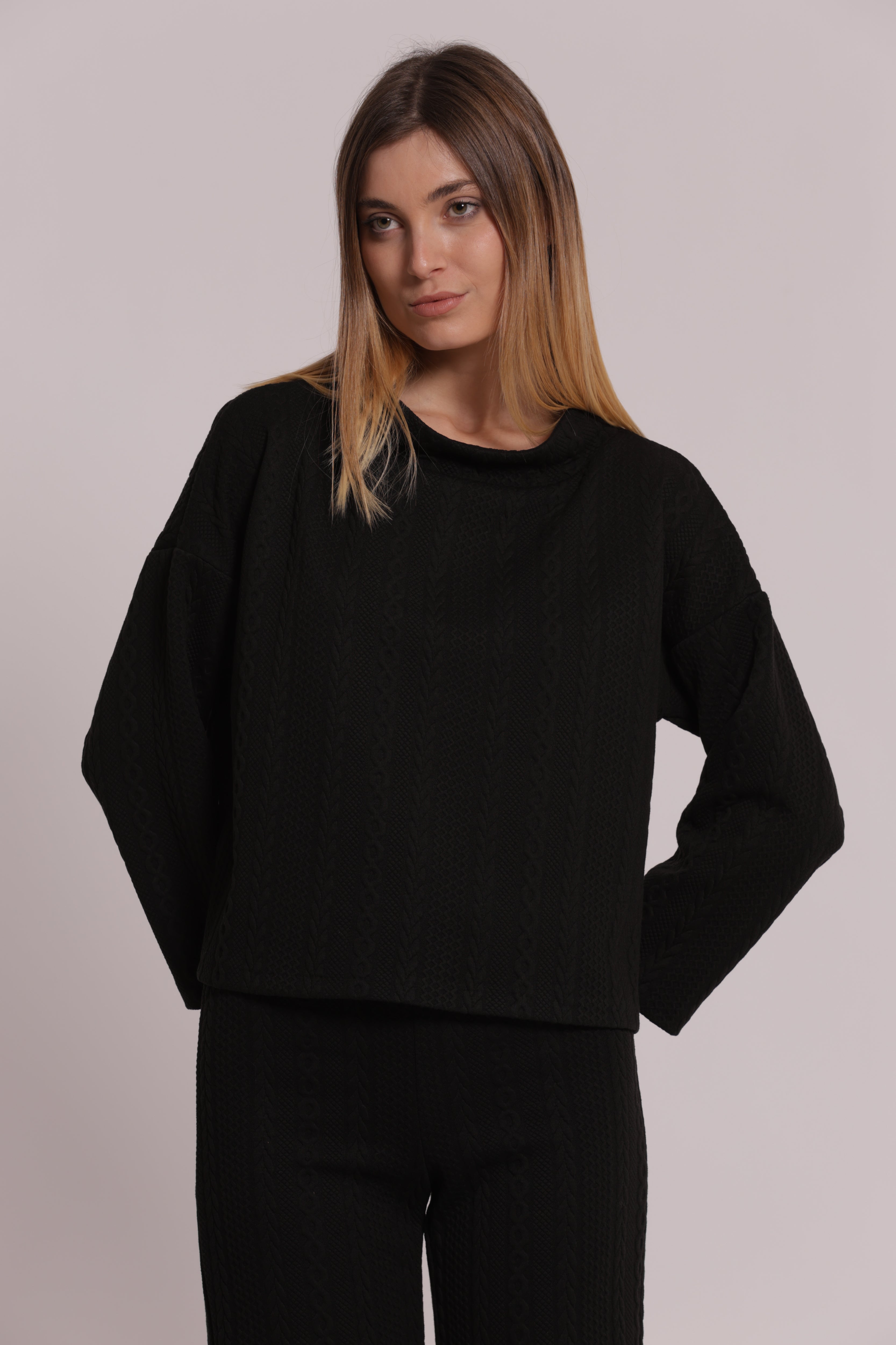 Mimi Mua Felpa Punto Milano Treccia Felpa Nero girocollo caldo
