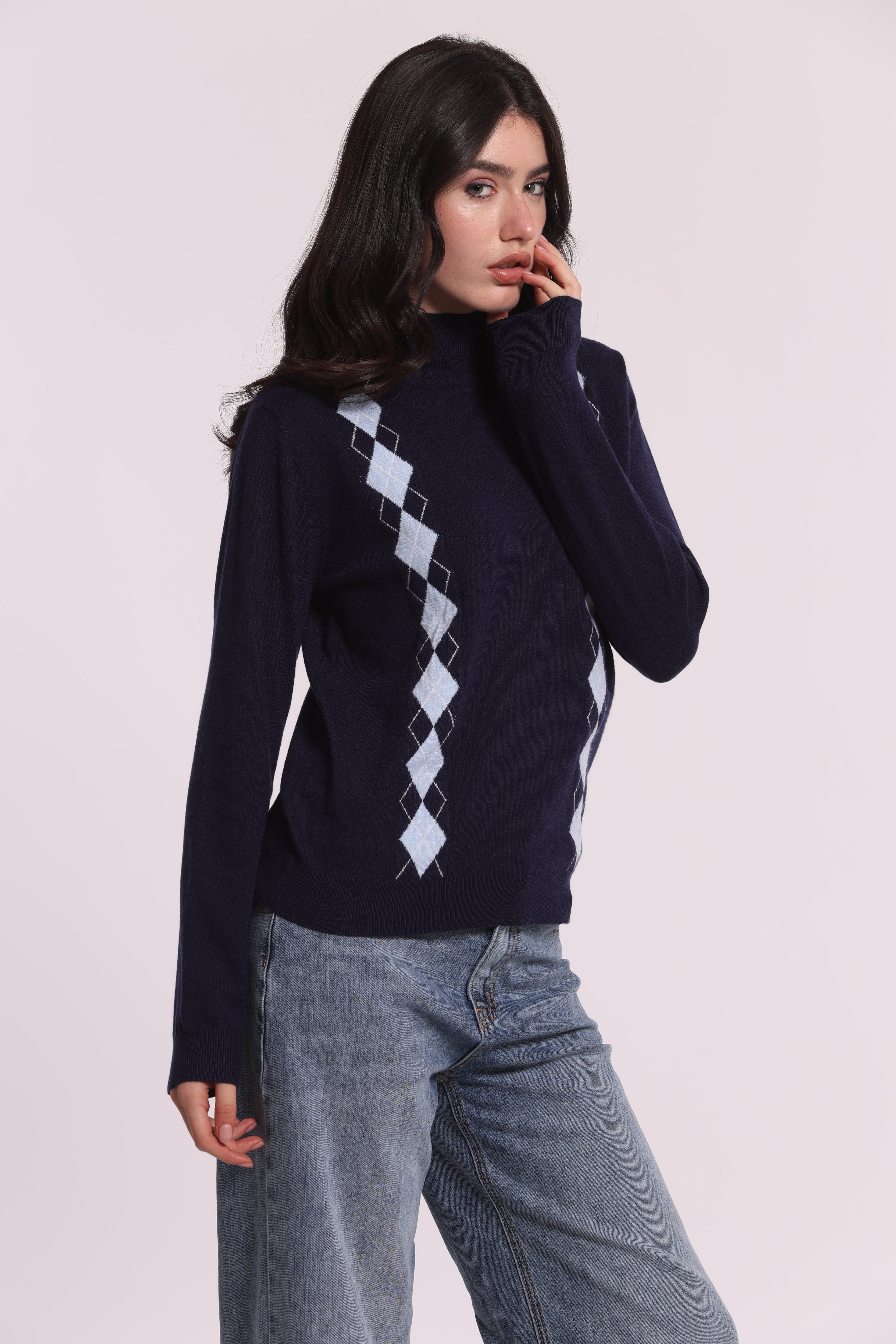 Mimi Mua Maglia Lupetto Rombo Blu Elasticizzata