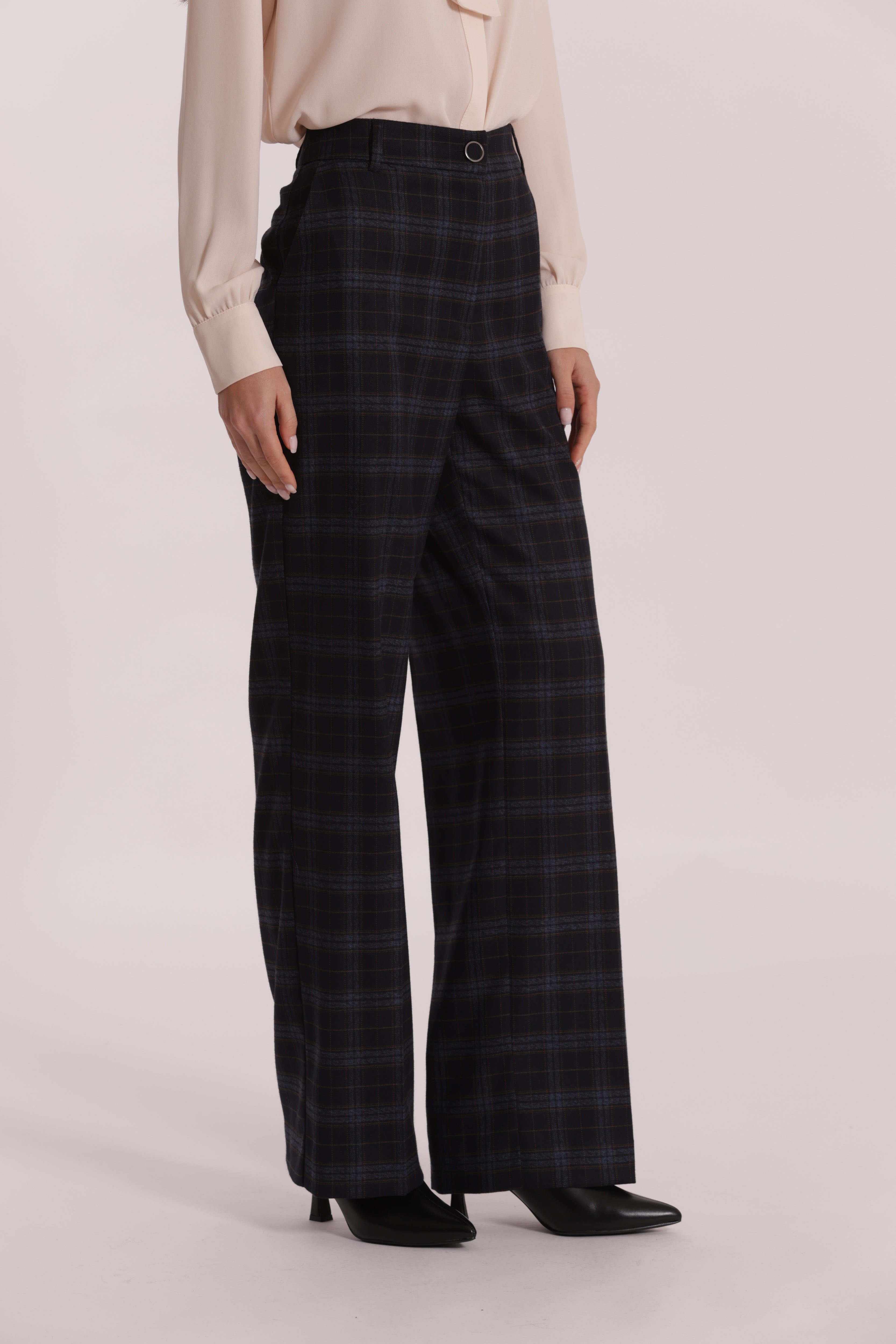 Mimi Mua Pantalone Dritto Check Blu Elasticizzato