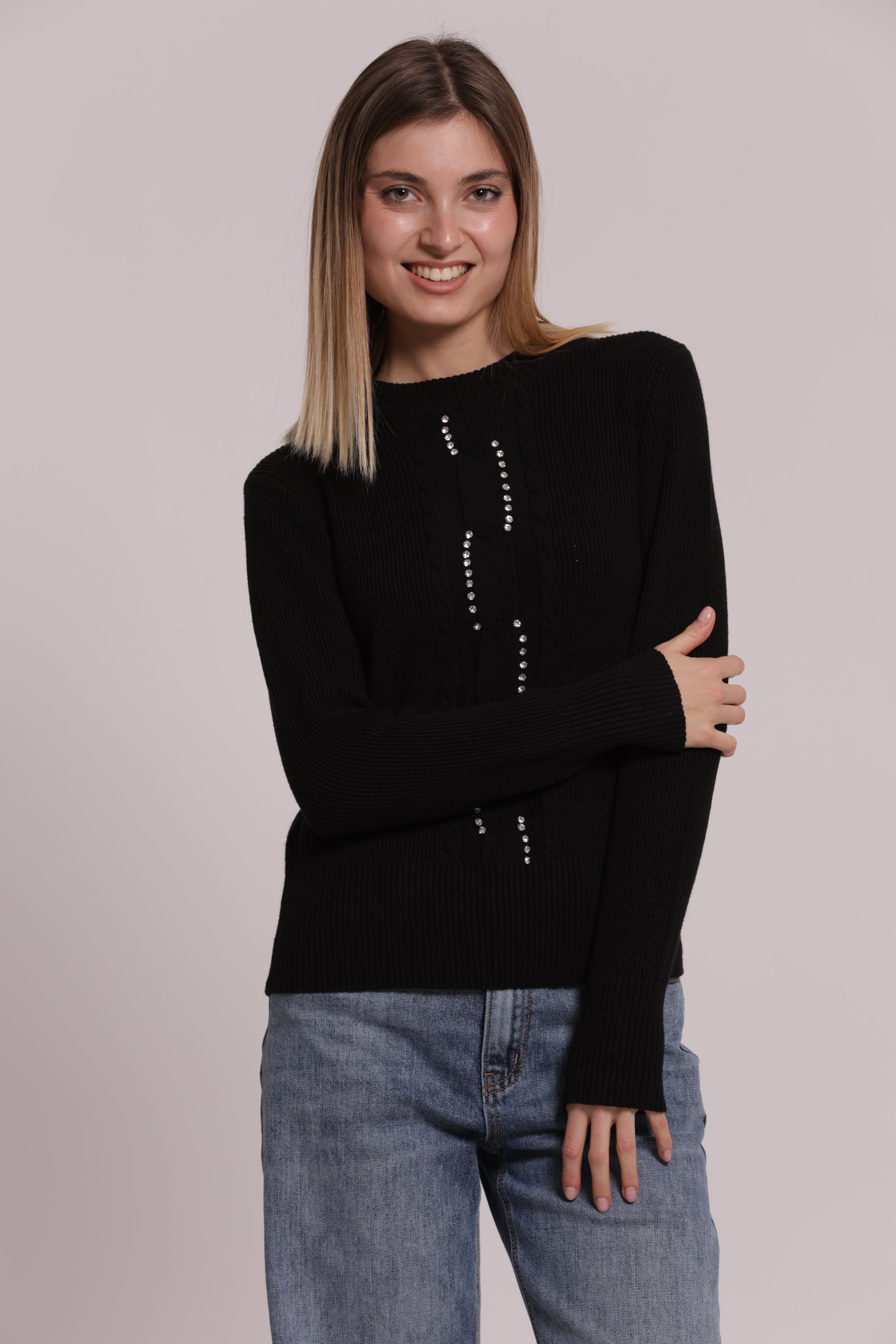 Mimi Mua Maglia Scollo Tondo Treccia maglia nera