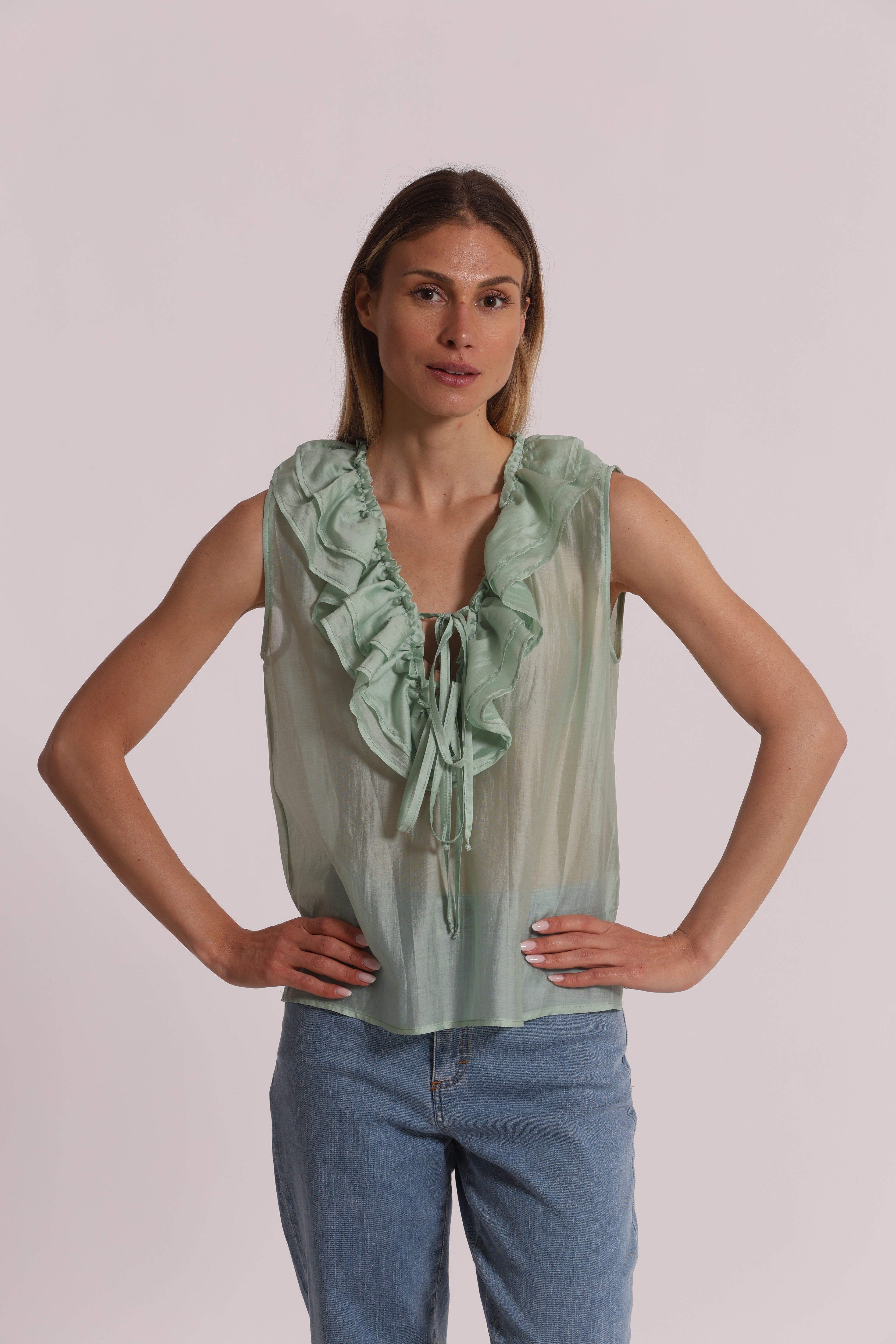 Mimi Mua Blusa Smanicata con Rouches Bianco