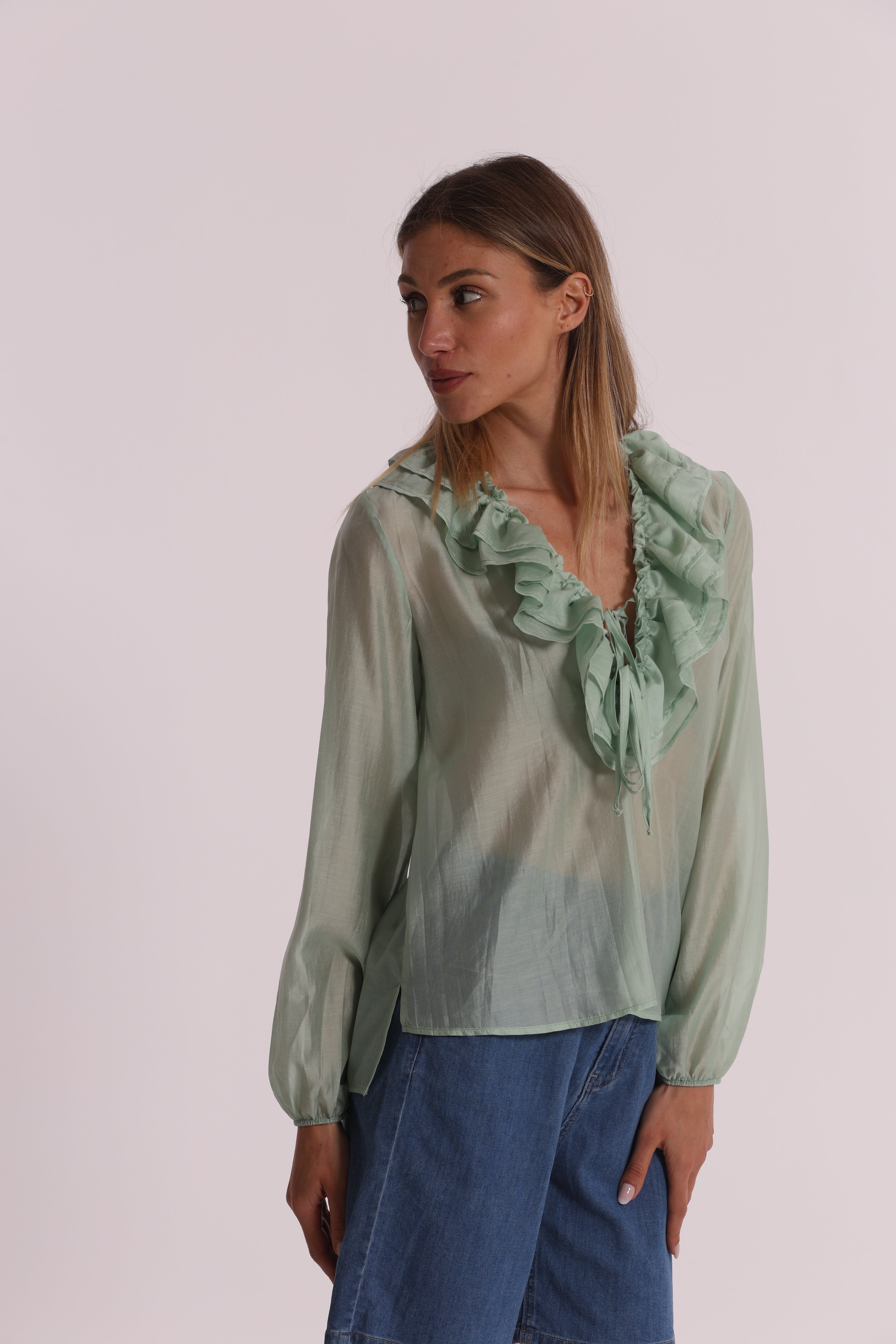 Mimi Mua Rouches Blusa Bianca Maniche Lunghe XS