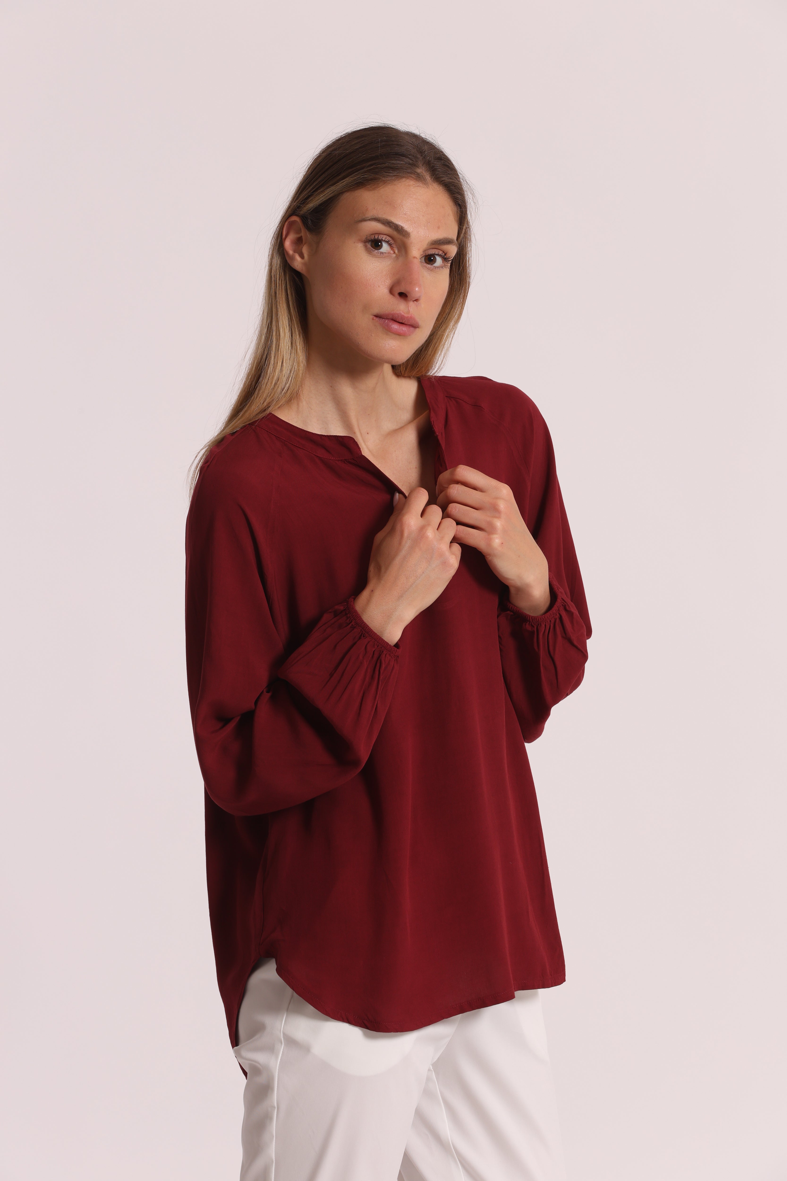Mimi Mua Tinta Unita Blusa Maniche Lunghe Bianco