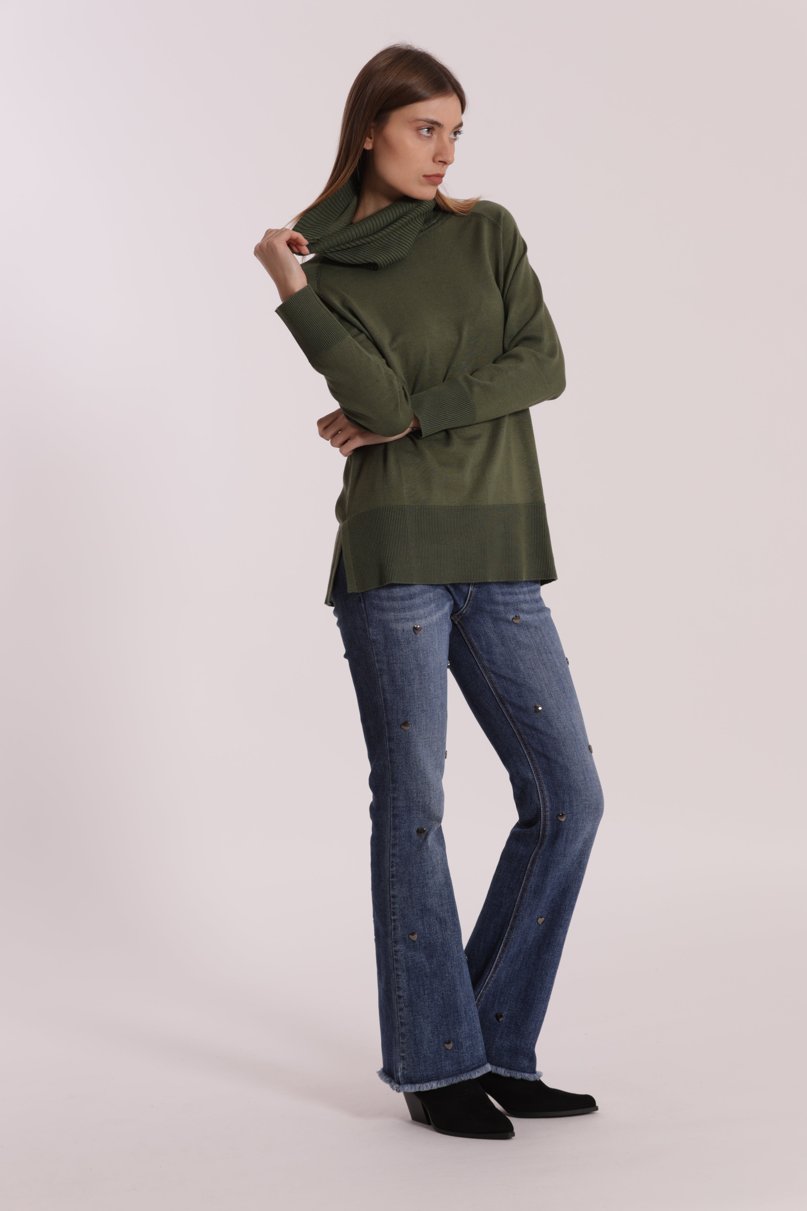 Mimi Mua Jeans Flare con Borchie Cuore Blu Medio denim