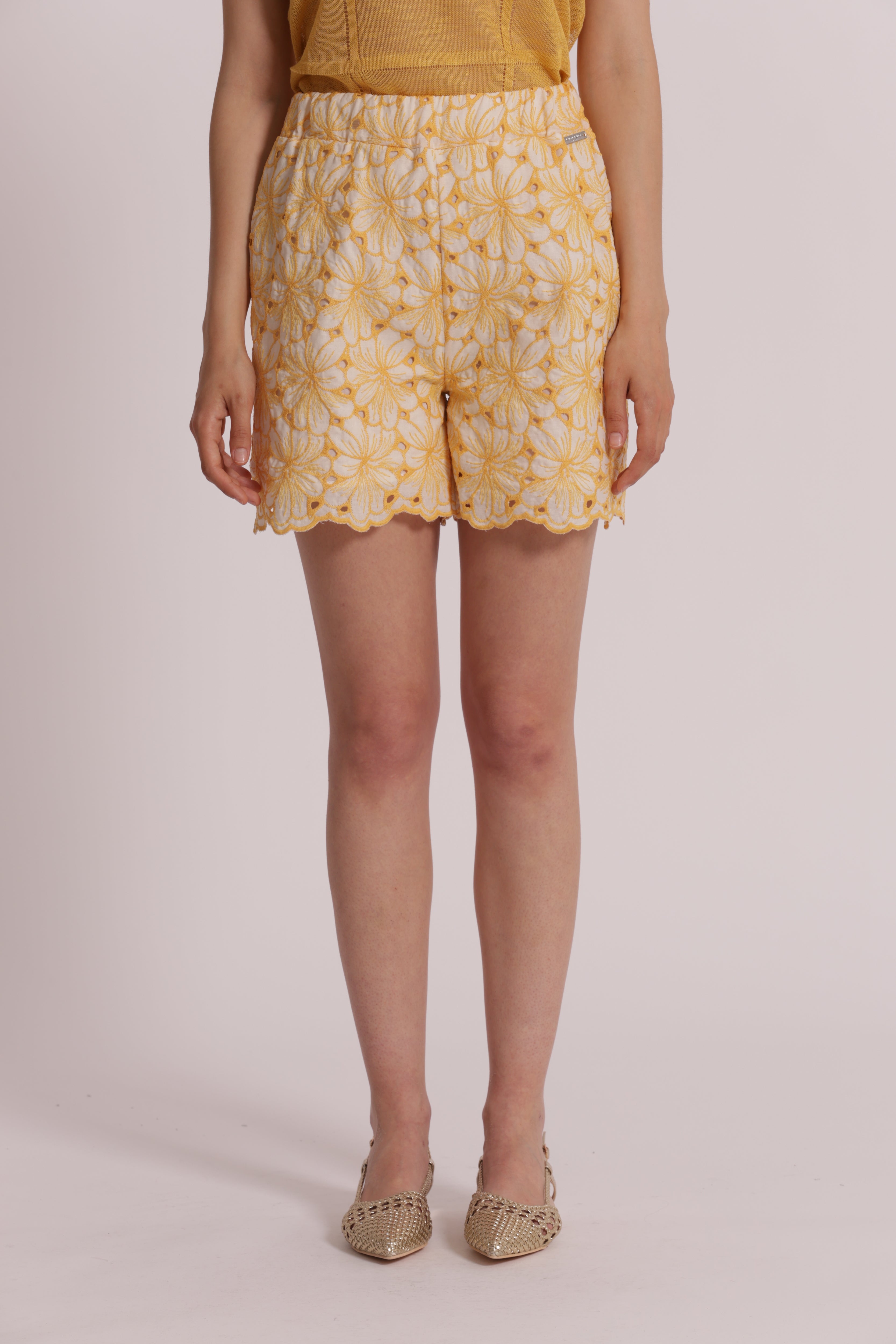 Mimi Mua Shorts Sangallo Pantaloni Panna Ocra Cotone