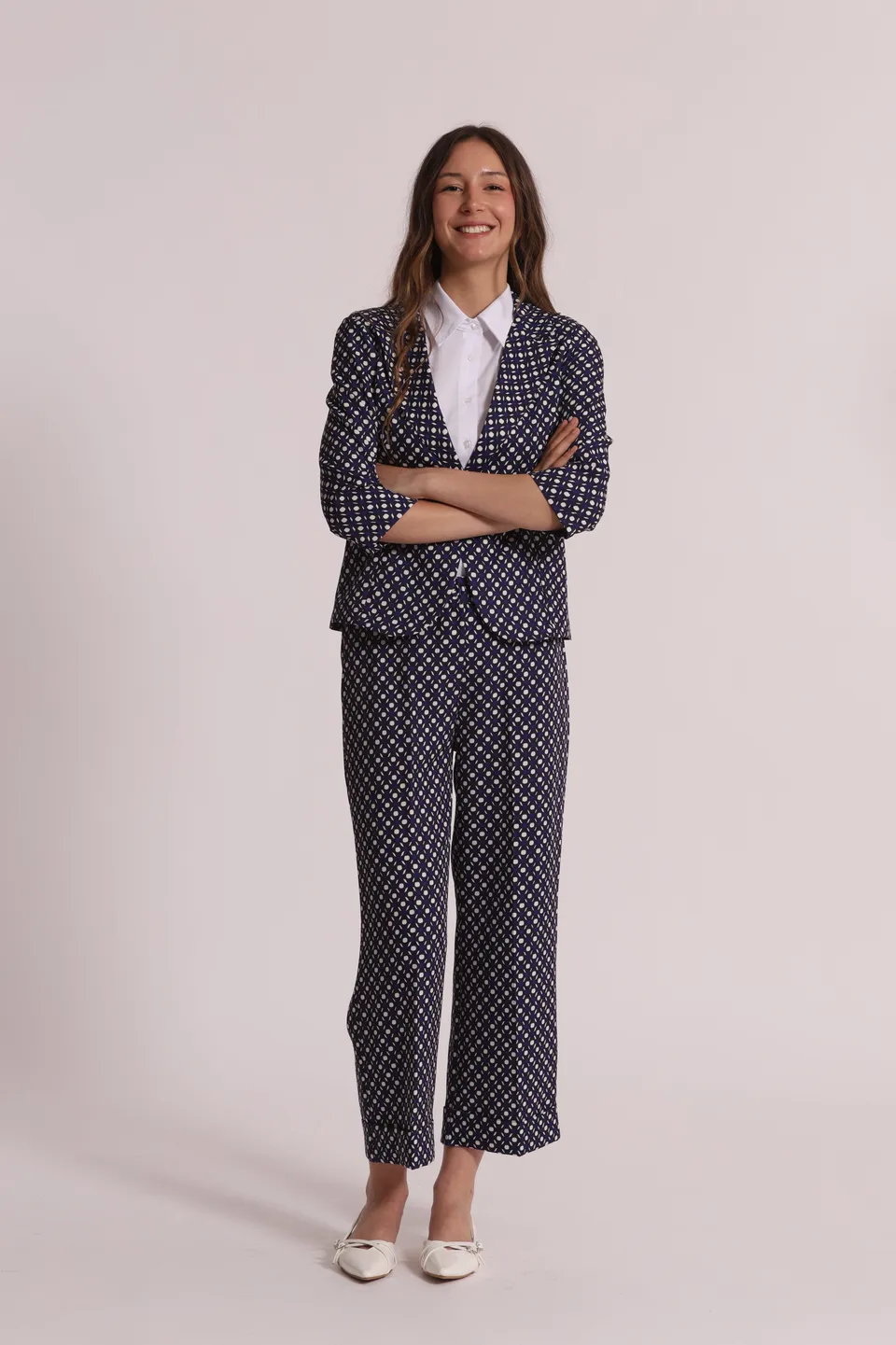 Mimi Mua pantalone blu fantasia geometrica leggero