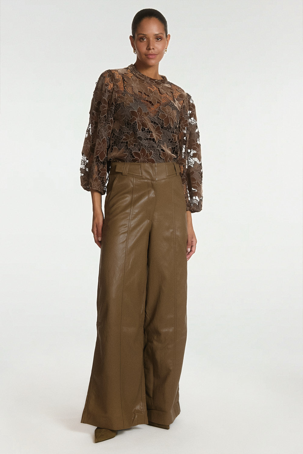 Aaiko Shaila top velluto marrone fudge pizzo floreale