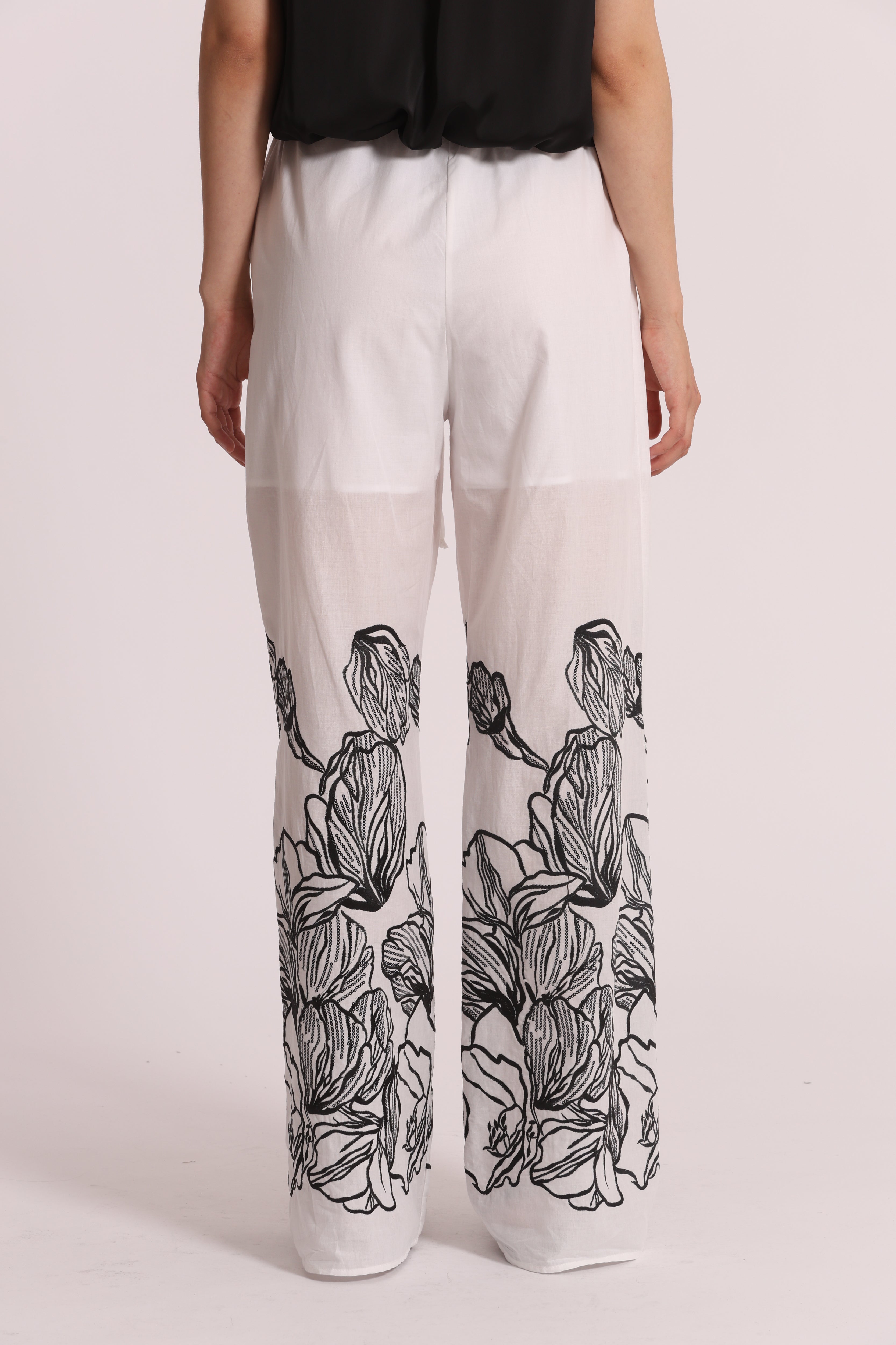 Mimi Mua Pantalone Lungo con Ricamo cotone bianco