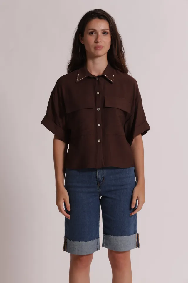 Mimi Mua Cropped con Borchie camicia bianco