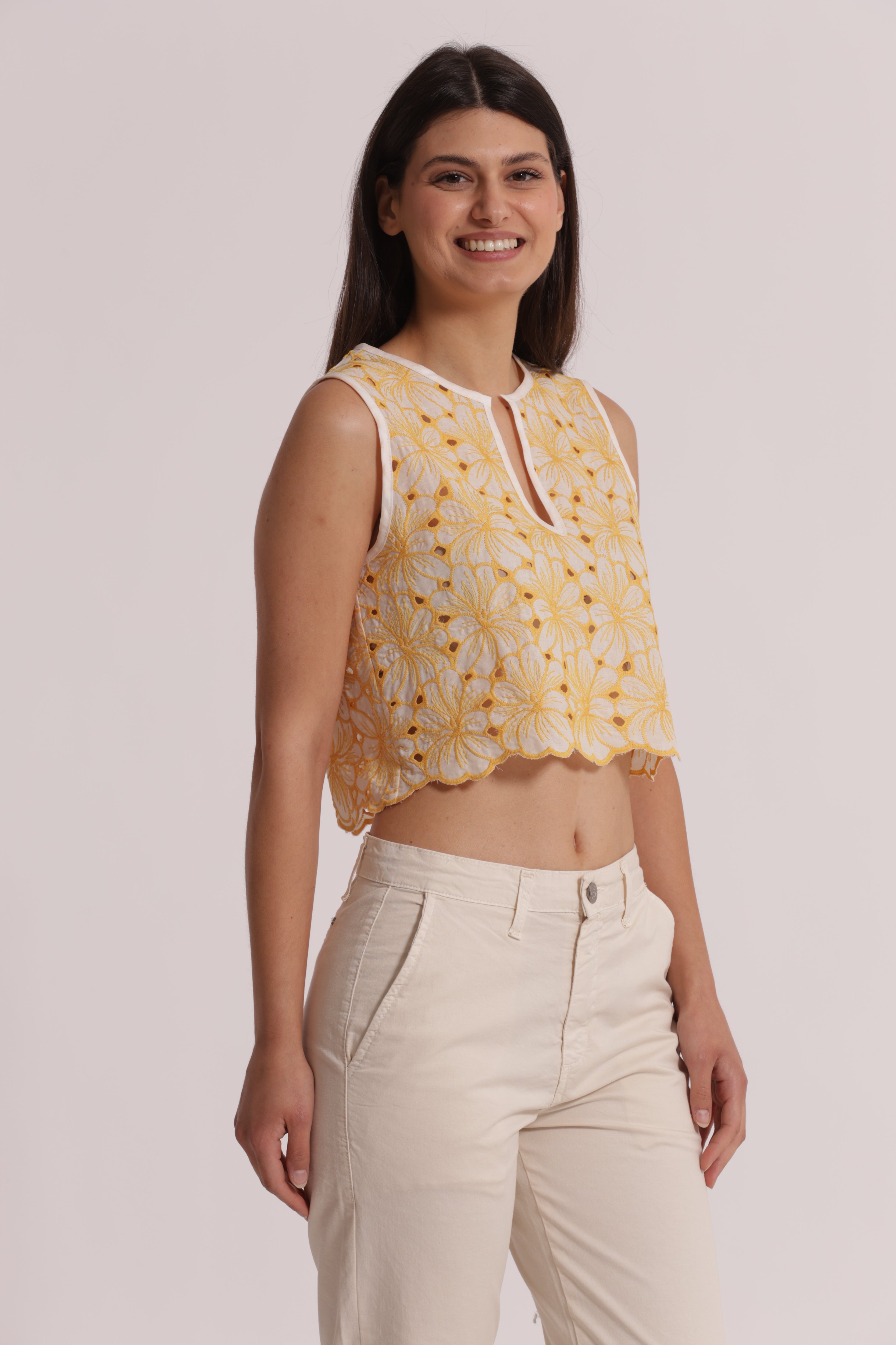 Mimi Mua Top Cropped Sangallo Panna Ocra