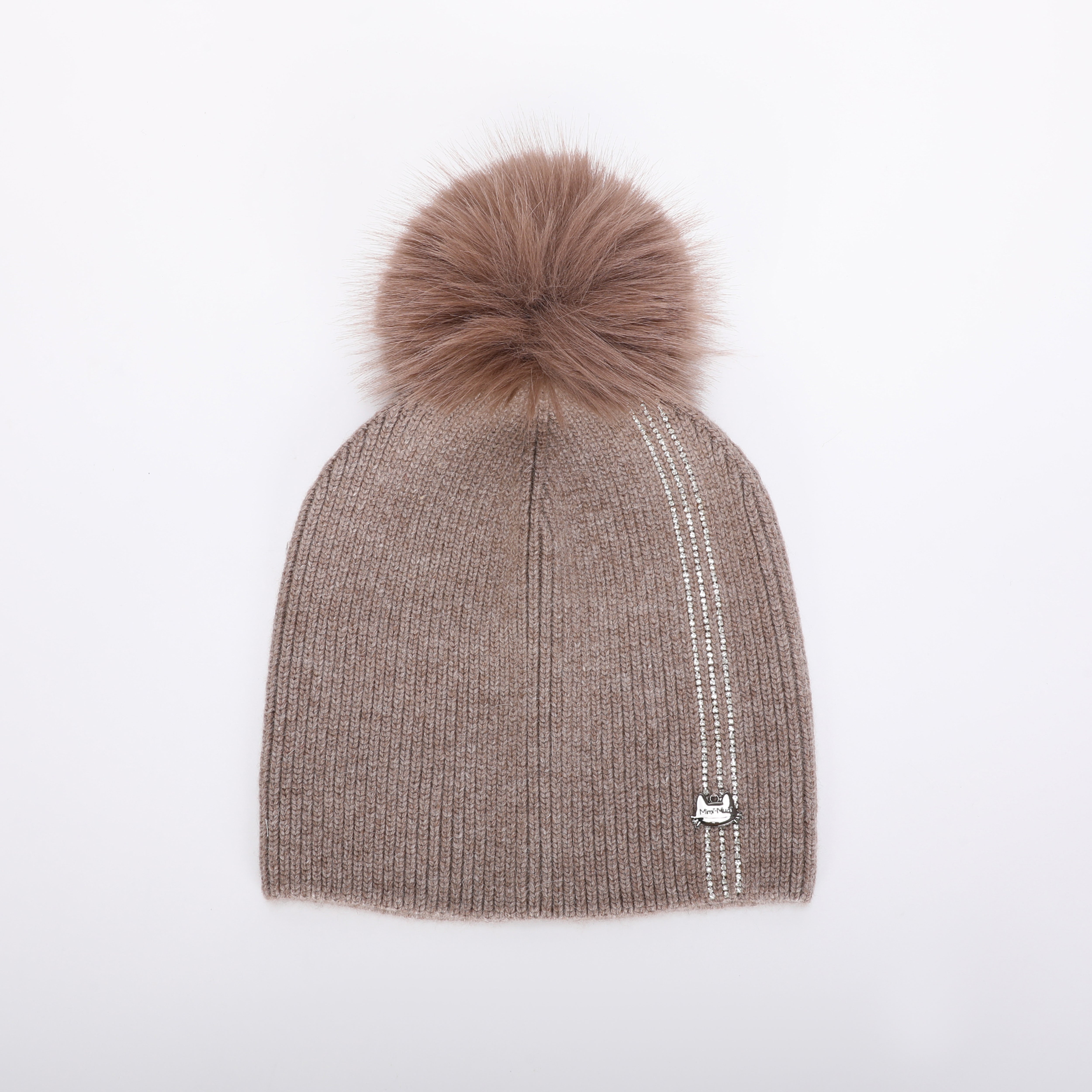 Mimi Mua berretto con 3 strisce di strass e pon pon cappello nero