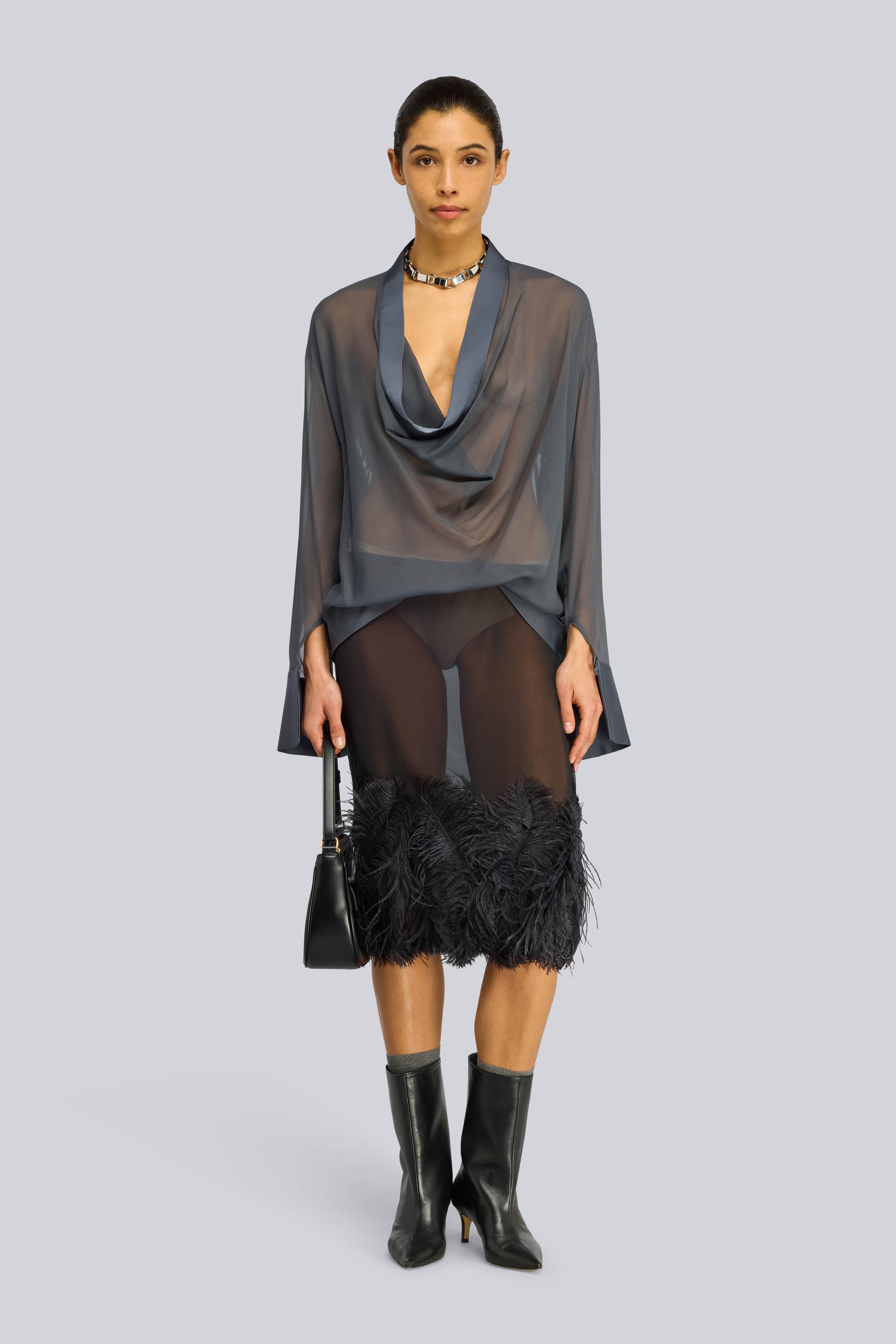 Semicouture Quanna gonna georgette nera piume