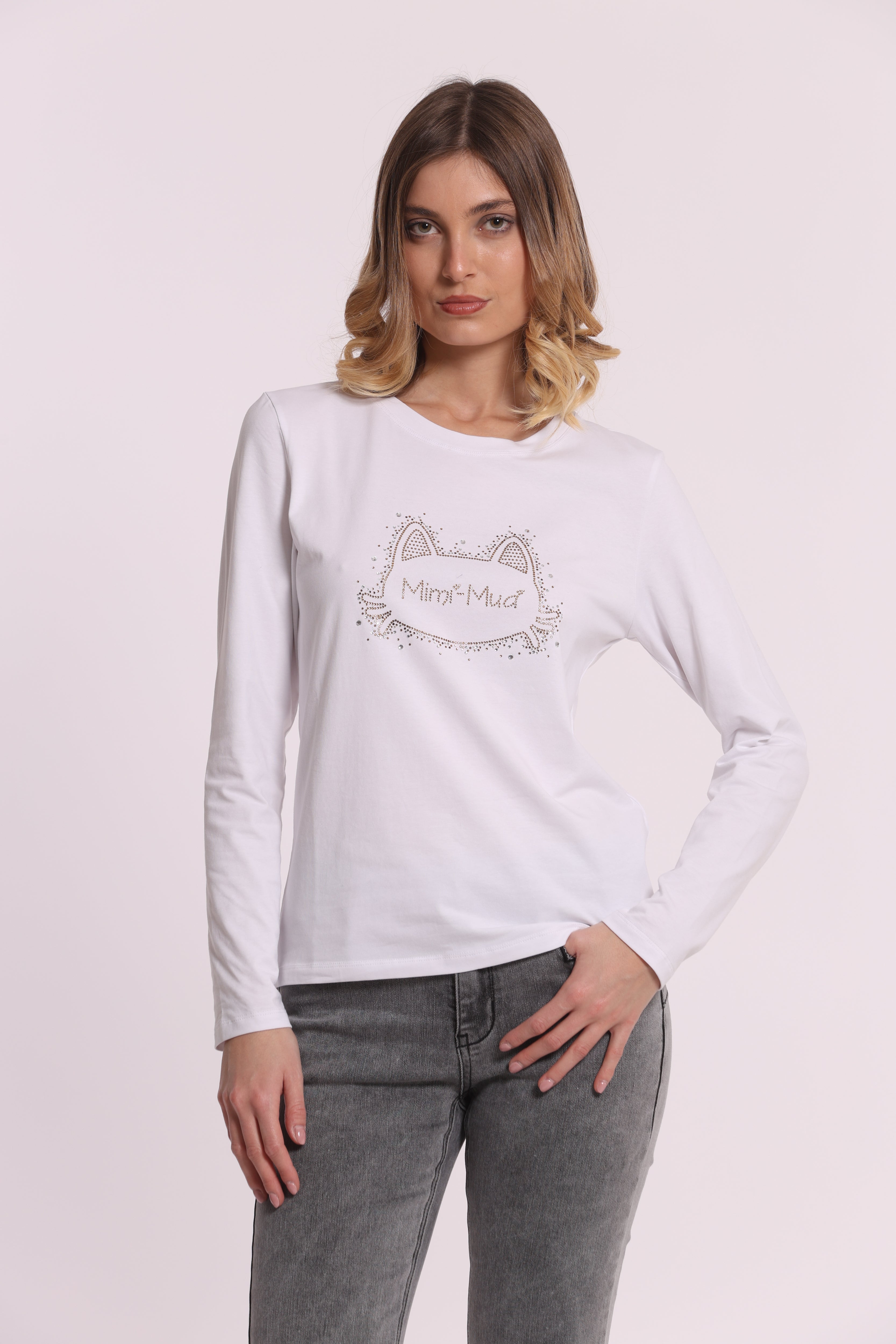 Mimi Mua T-Shirt Maniche Lunghe Gatto Strass Bianca