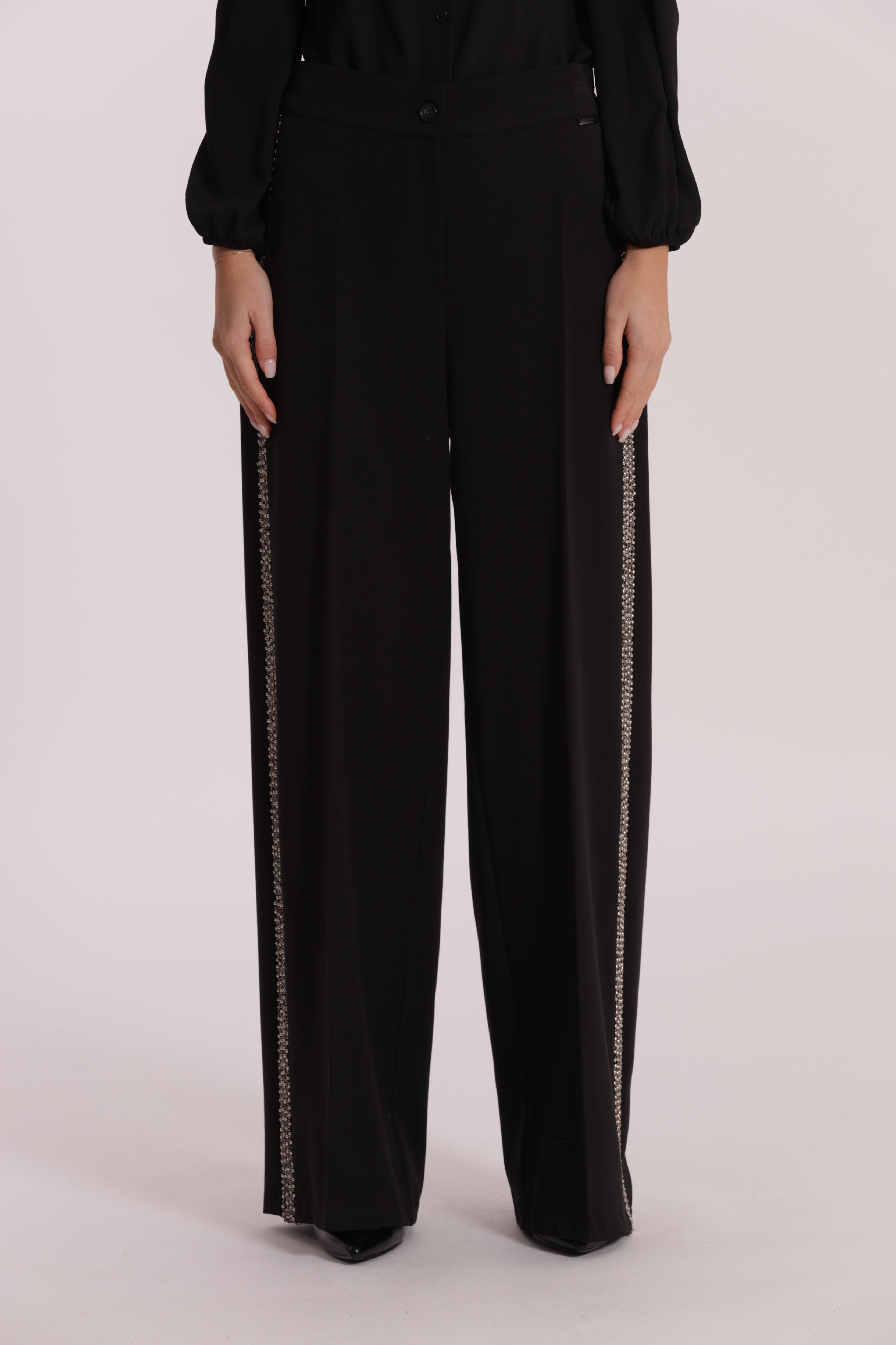 Mimi Mua Pantalone Palazzo Passamaneria Ricamata nero
