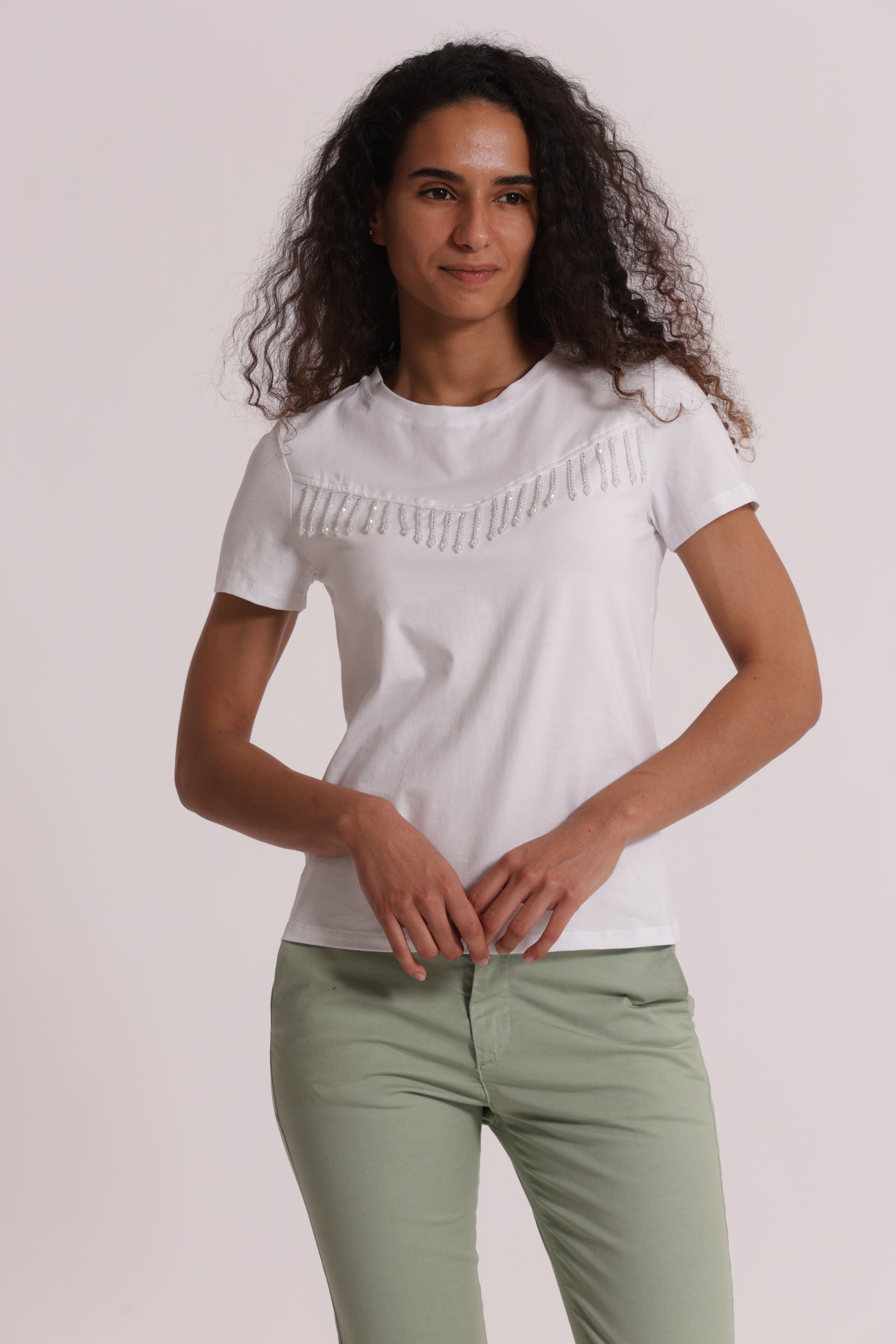 Mimi Mua T-Shirt Frange Perline Bianco