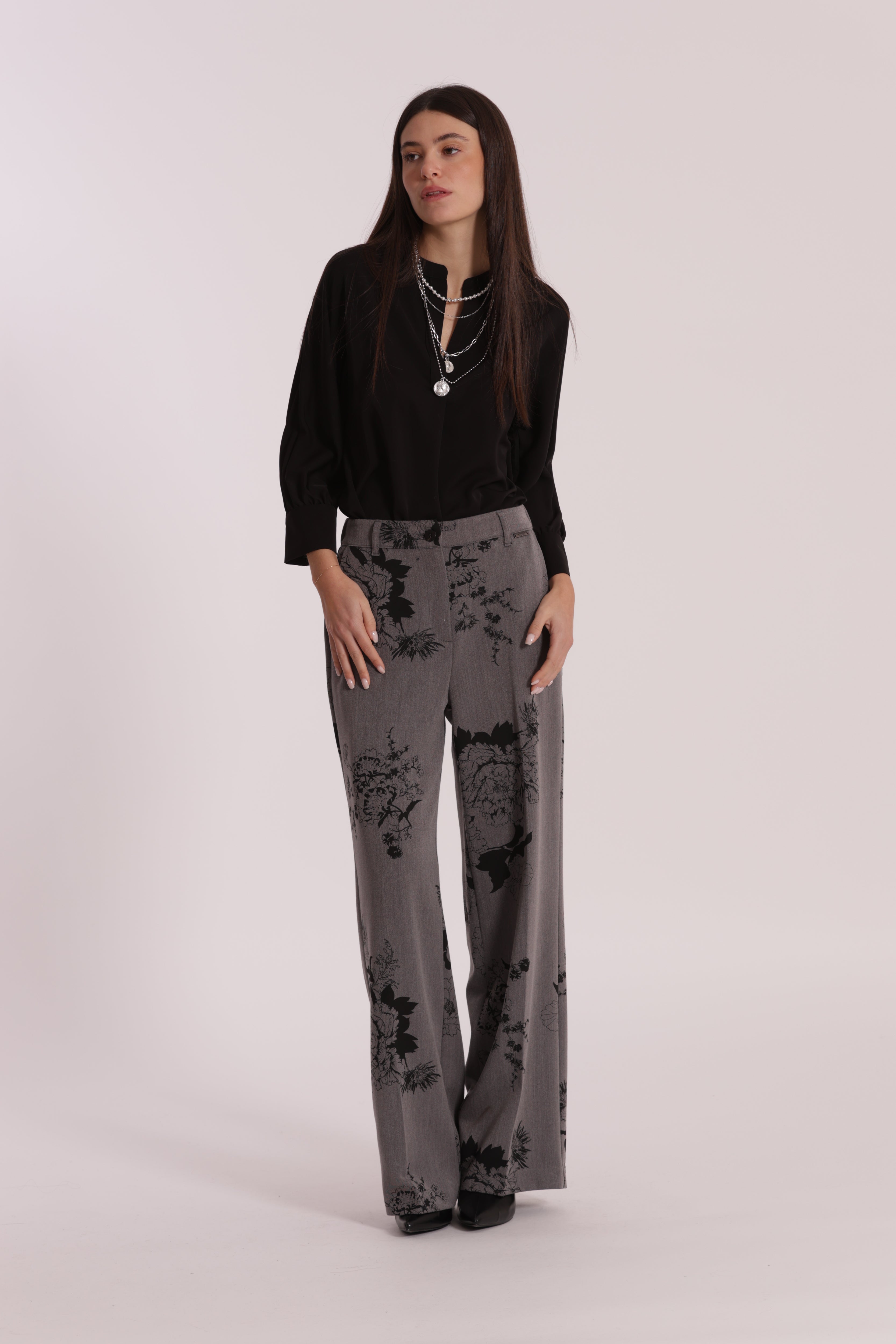 Mimi Mua Pantalone Palazzo Stampa Floreale Grigio
