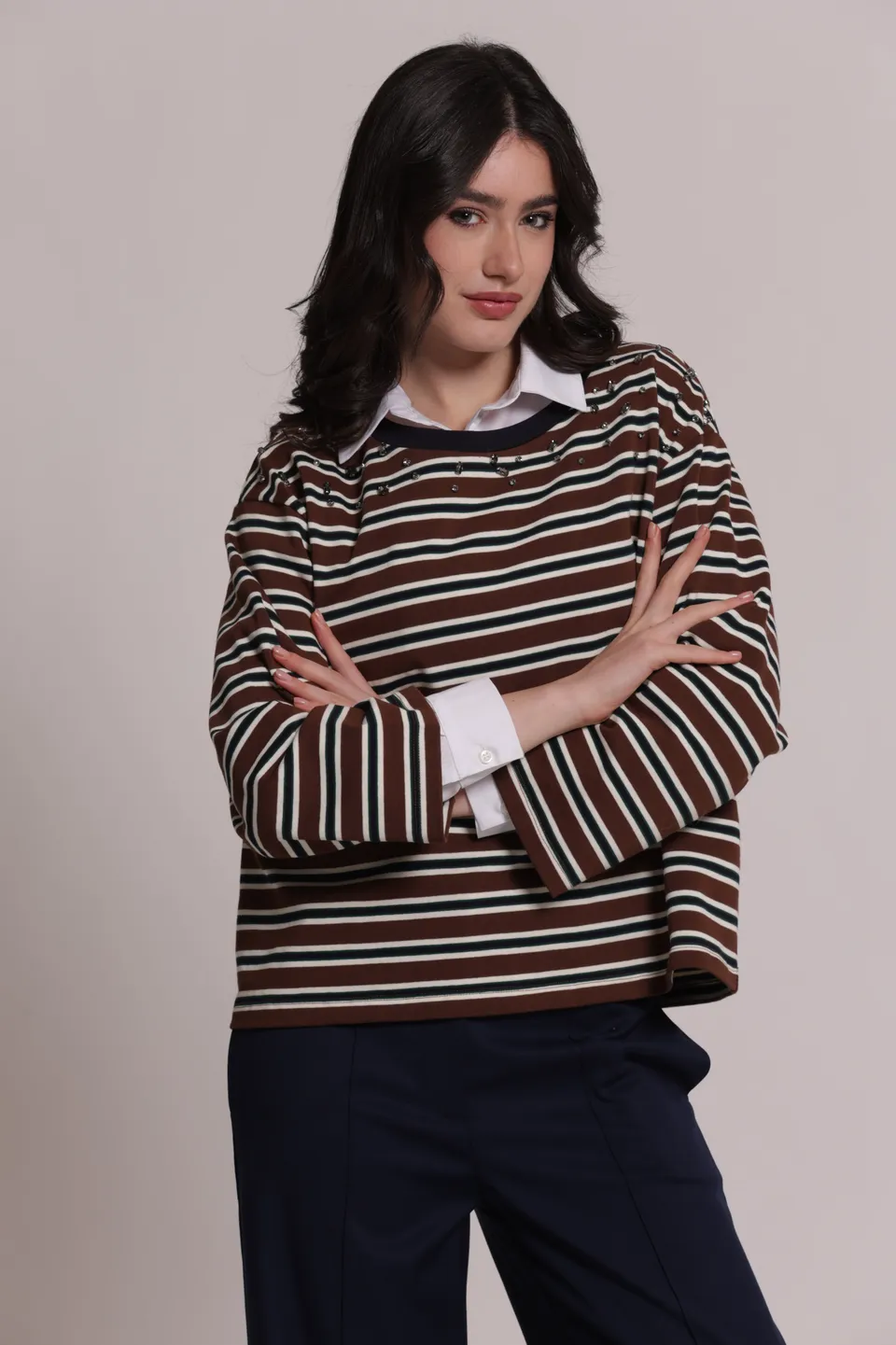 Mimi Mua Righe con Applicazioni t-shirt marrone cotone