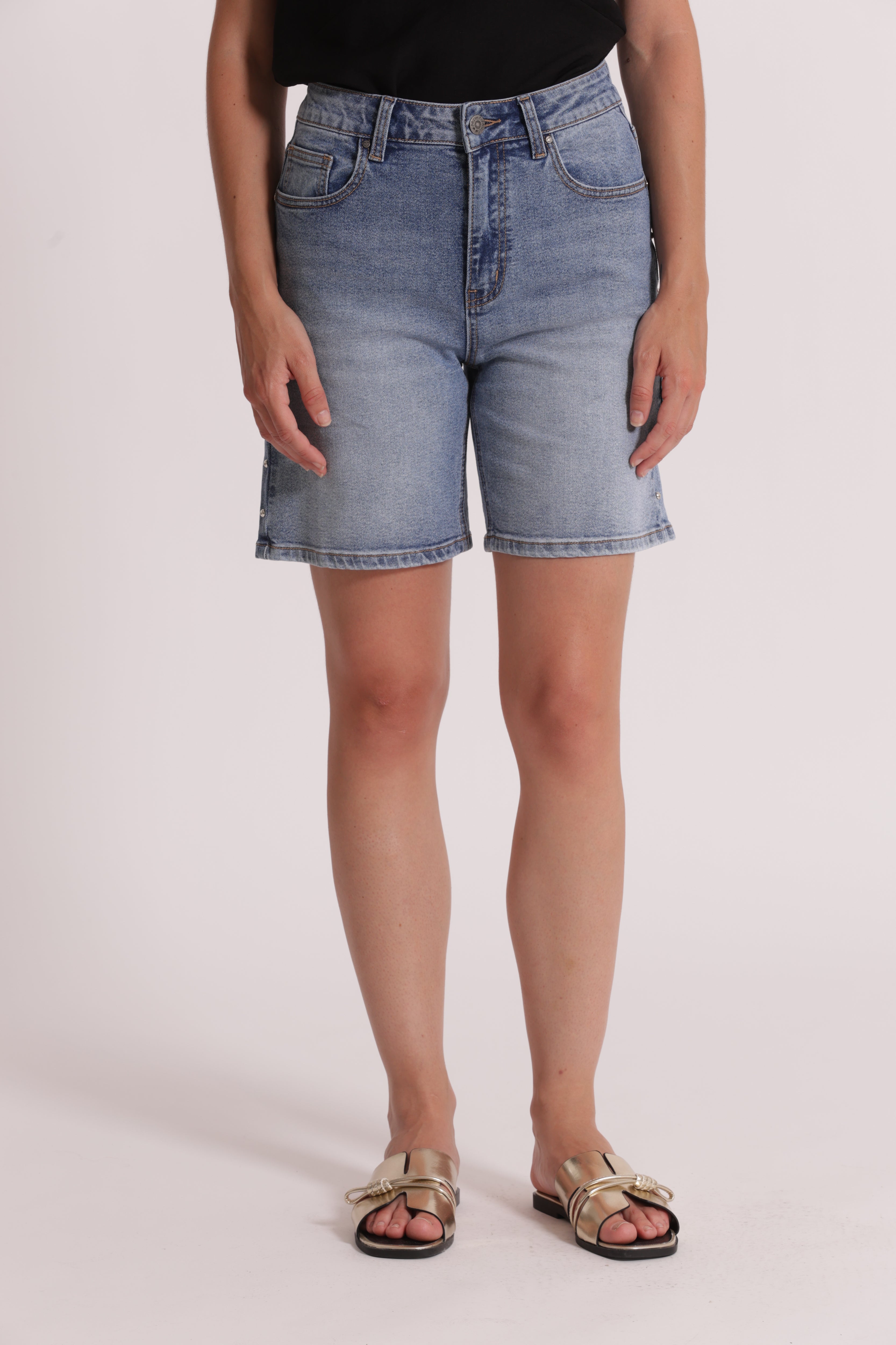 Mimi Mua Bermuda Denim Borchie Blu Medio