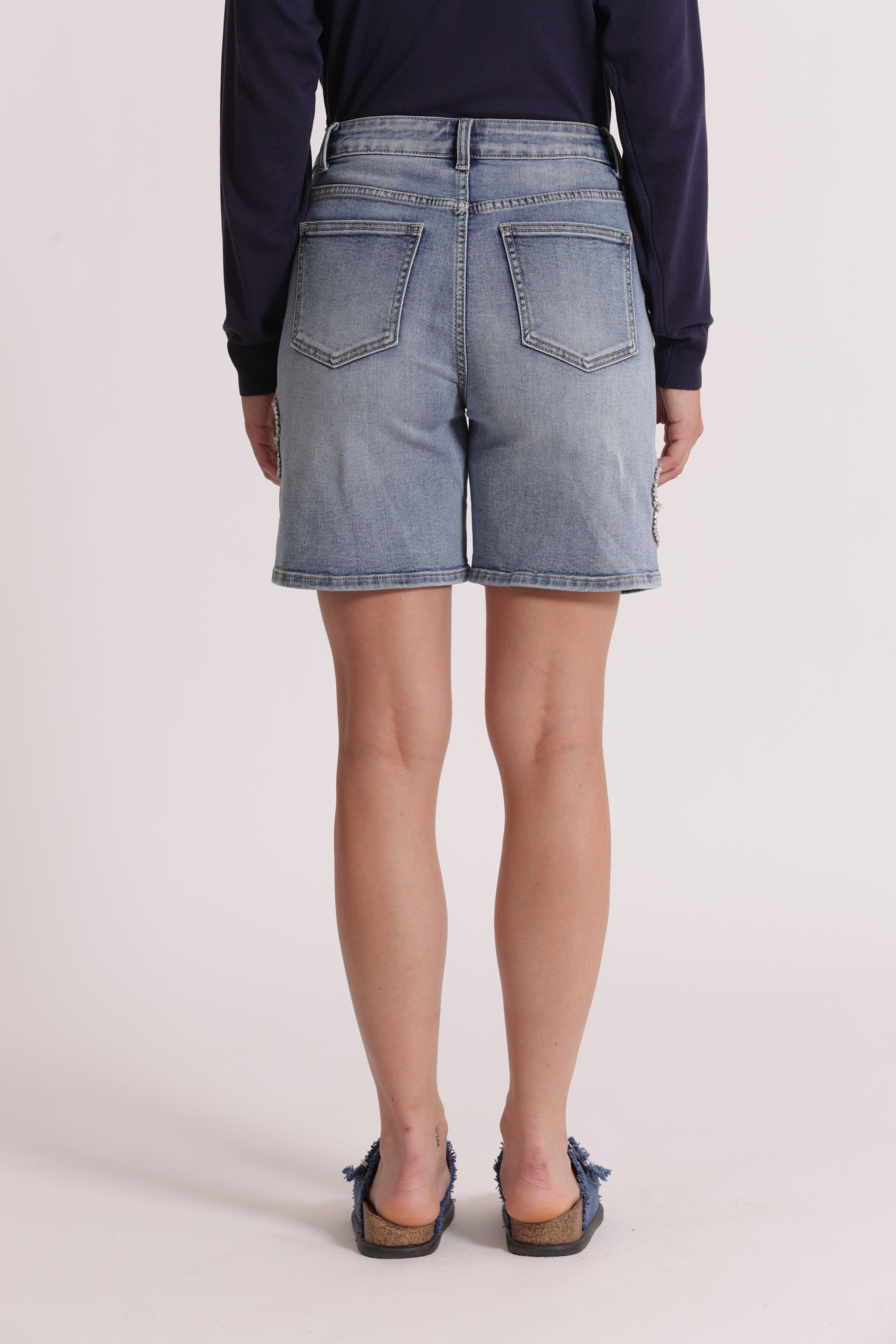 Mimi Mua Bermuda Cut Out Gioiello Pantaloni Blu Medio Cotone