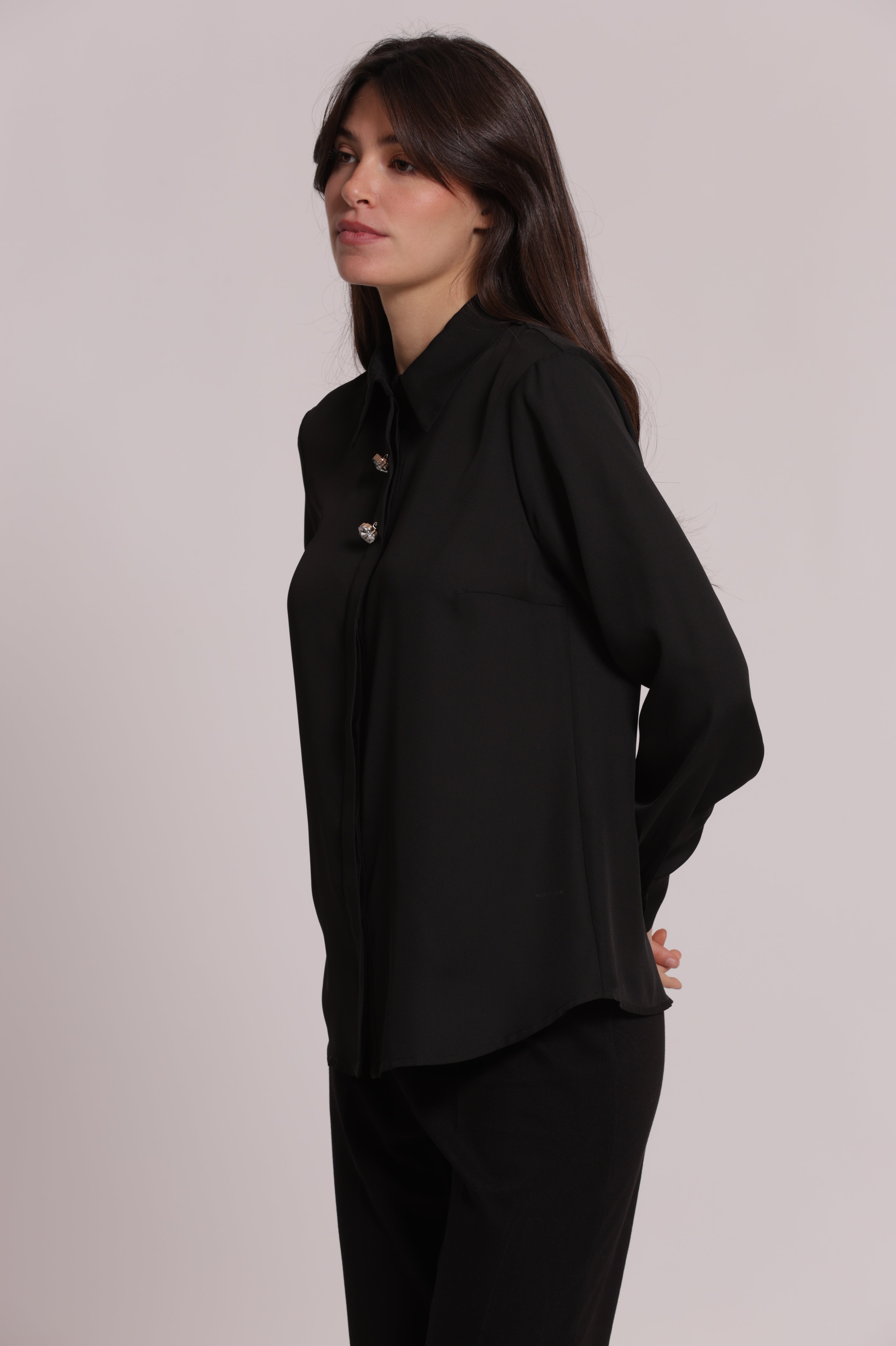 Mimi Mua Camicia Georgette Bottoni Gioiello Nero