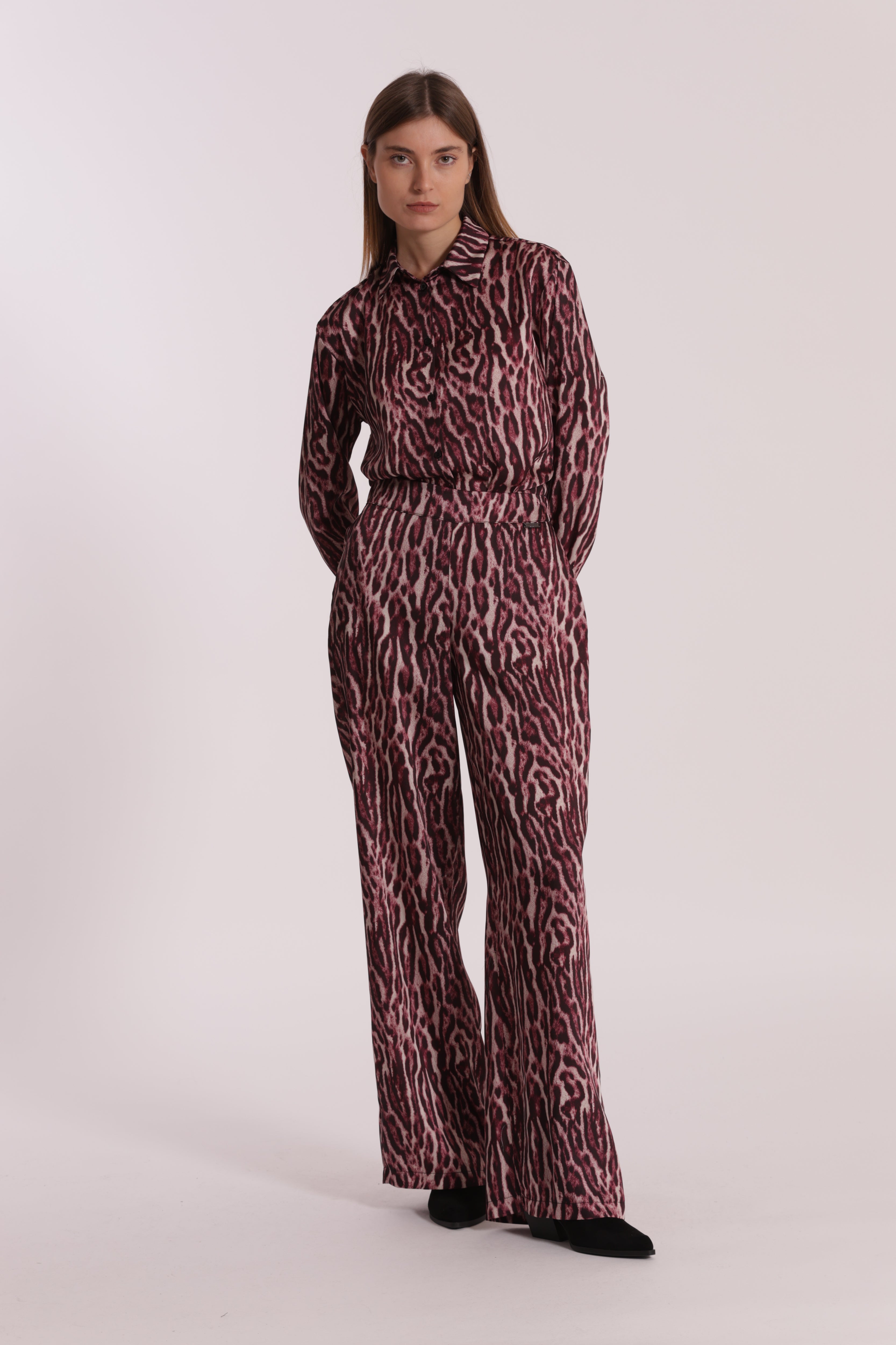 Mimi Mua Pantalone Palazzo Animalier Burgundy