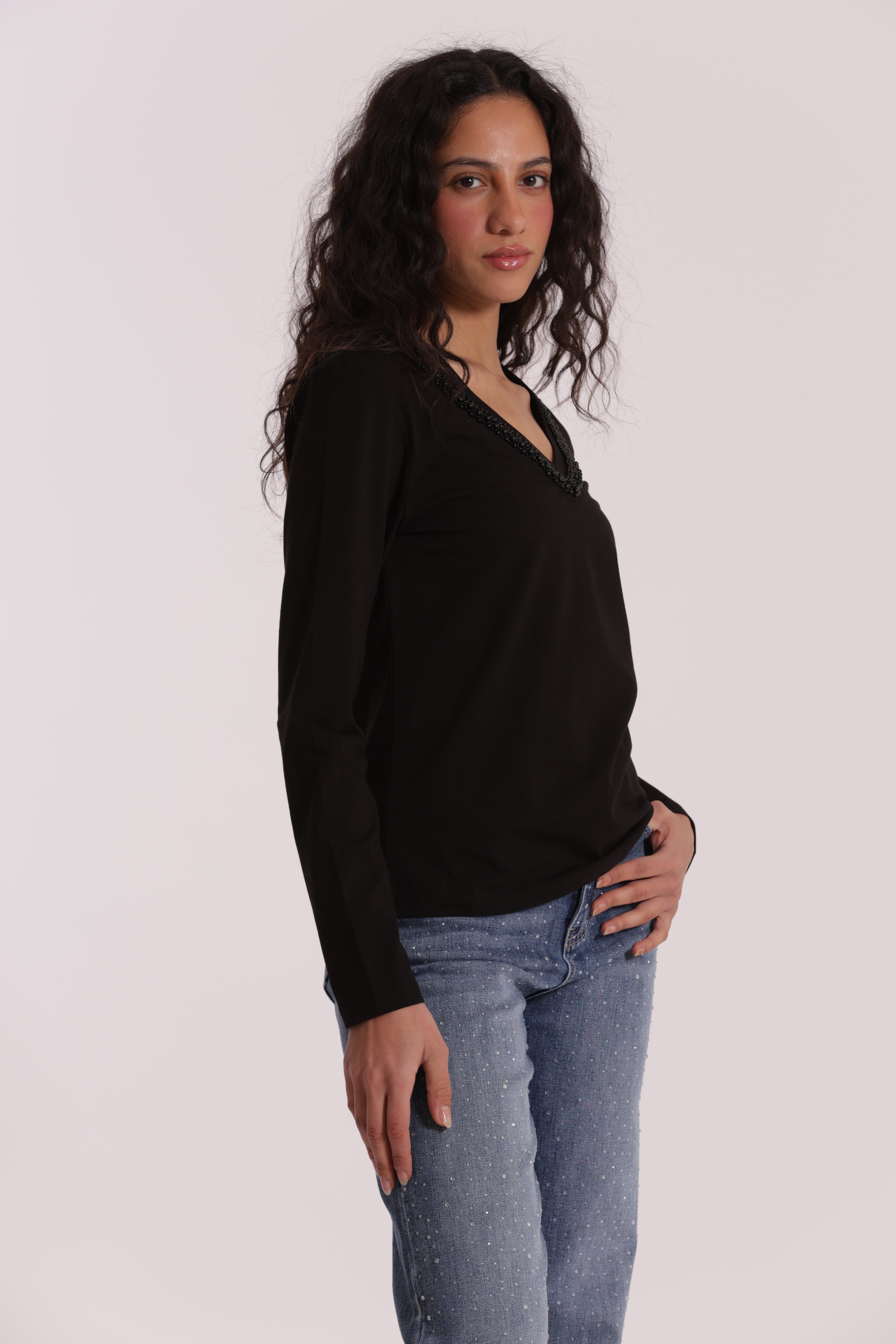 Mimi Mua t-shirt scollo a V perle bianco cotone