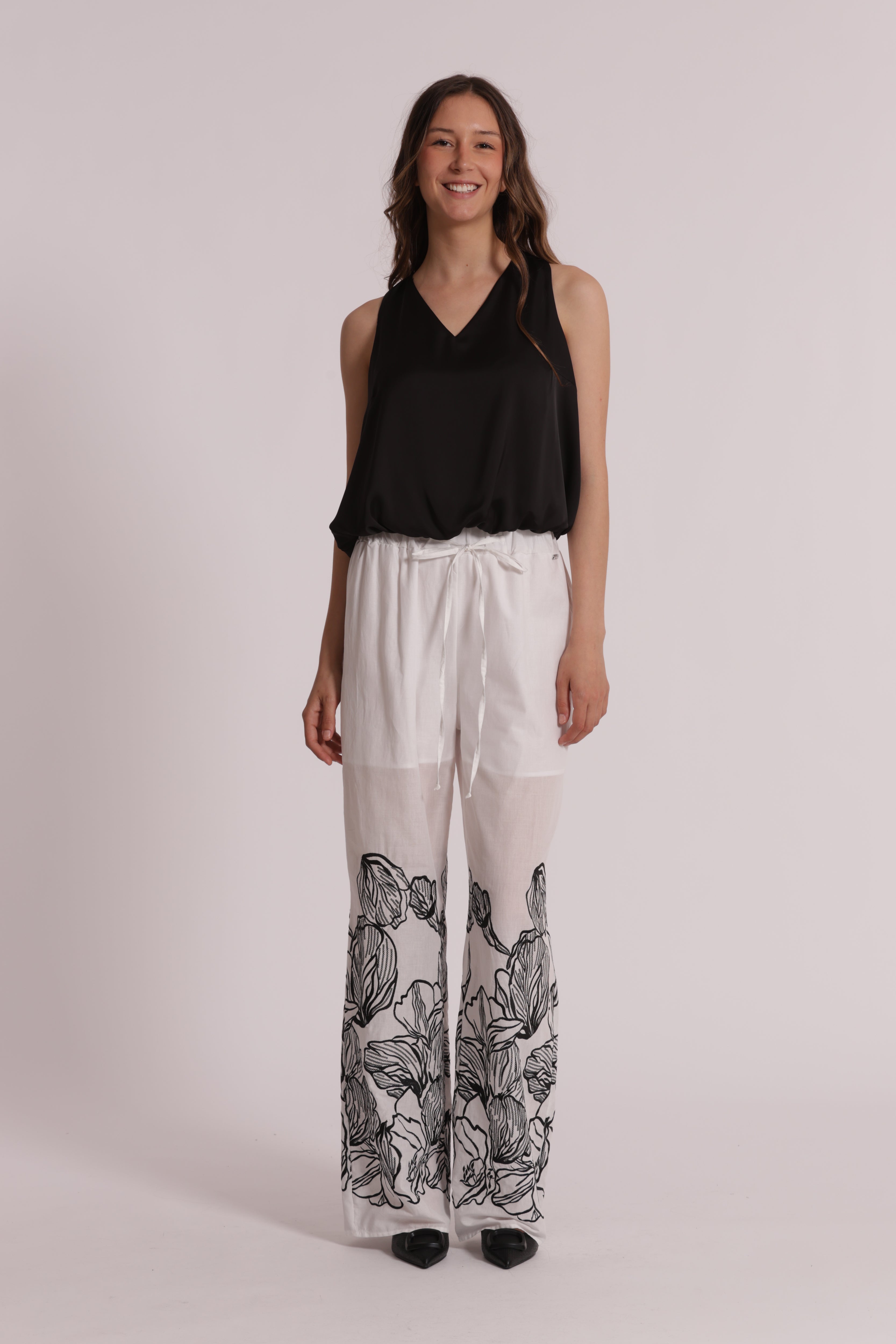 Mimi Mua Pantalone Lungo con Ricamo cotone bianco