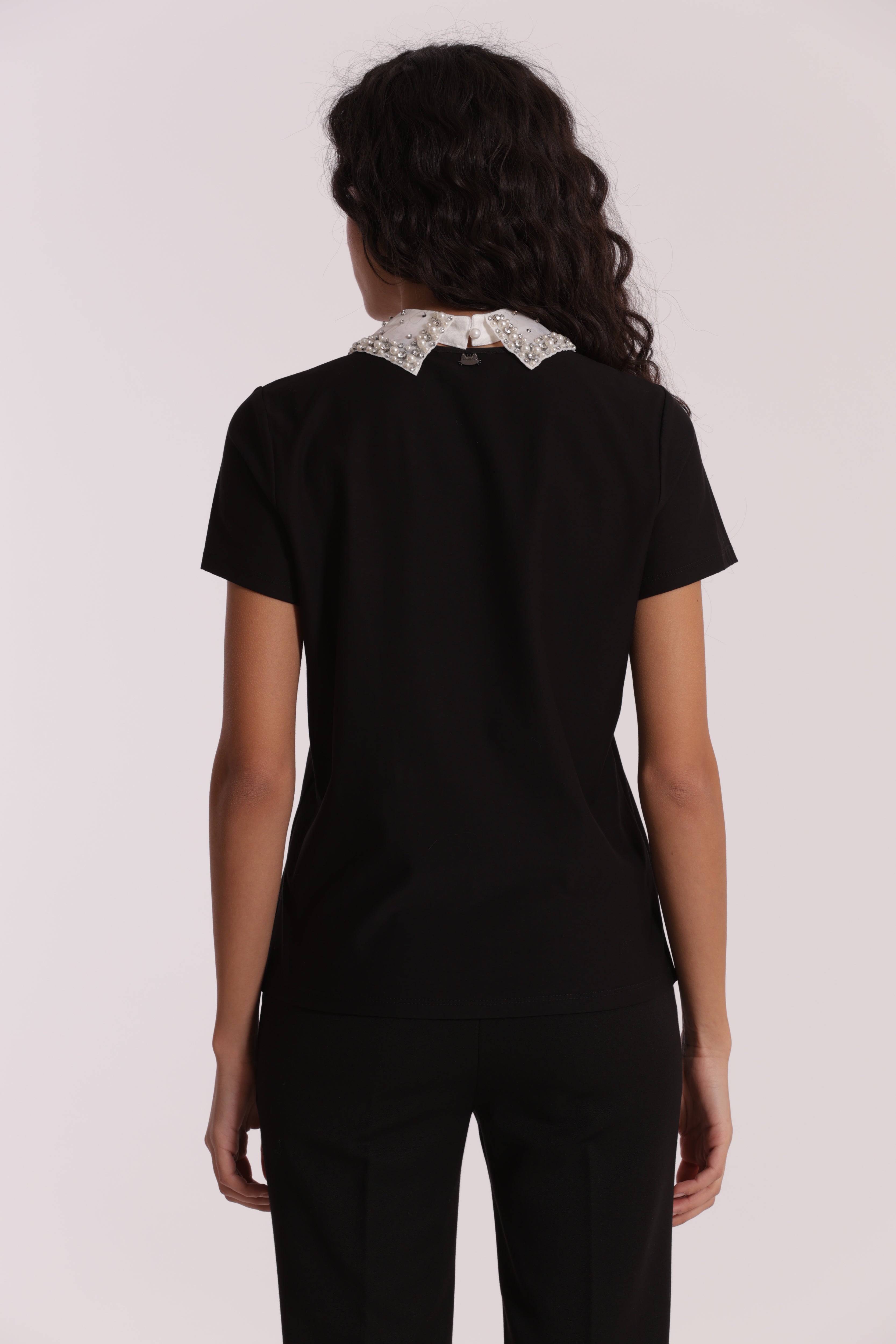 Mimi Mua con Colletto Decorato T-Shirt Bianco Cotone