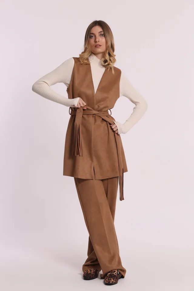 Mimi Mua Gilet Lungo Jersey Effetto Camoscio Beige