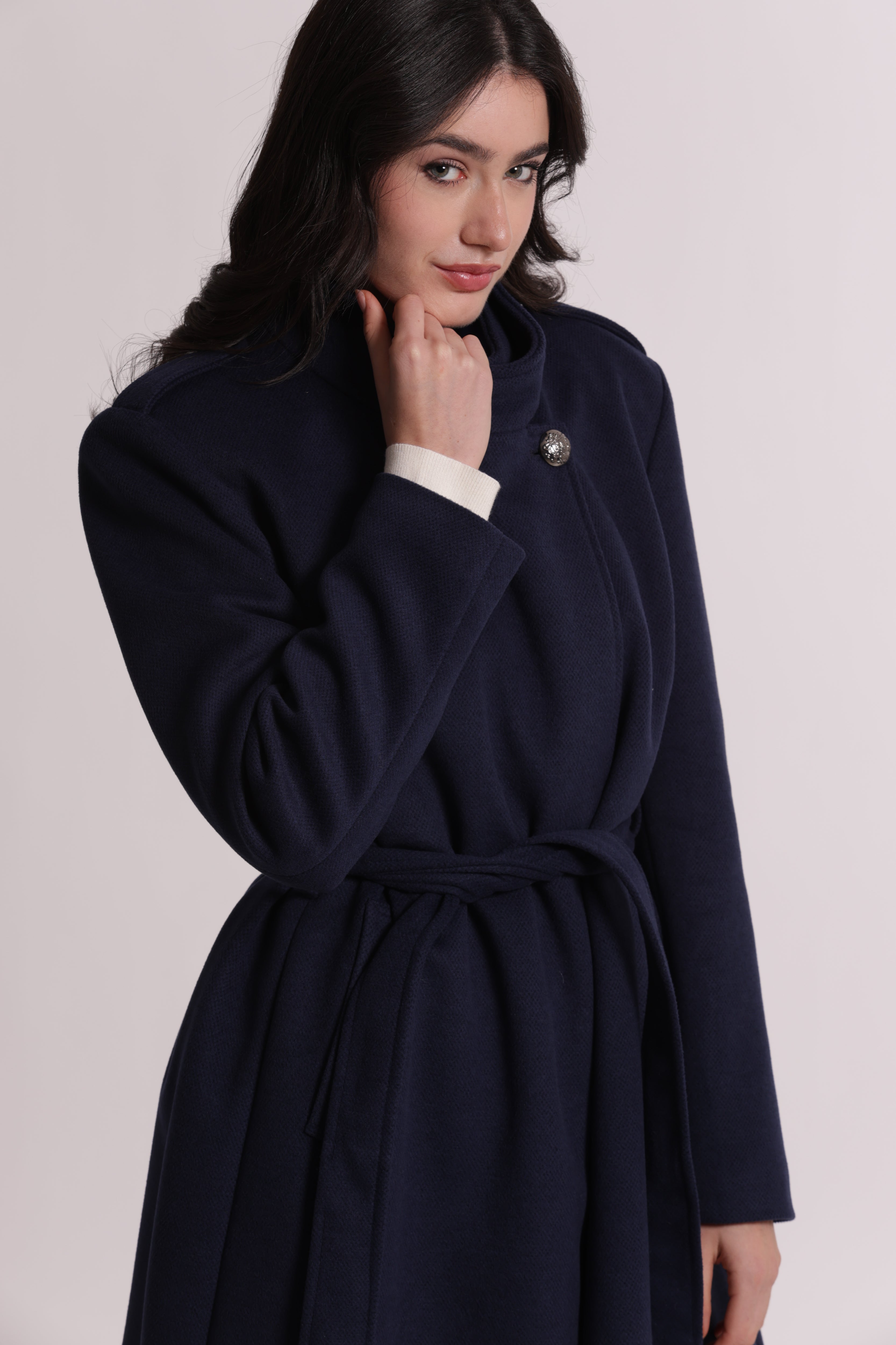 Mimi Mua Cappotto Cintura Bottoni Militari Nero