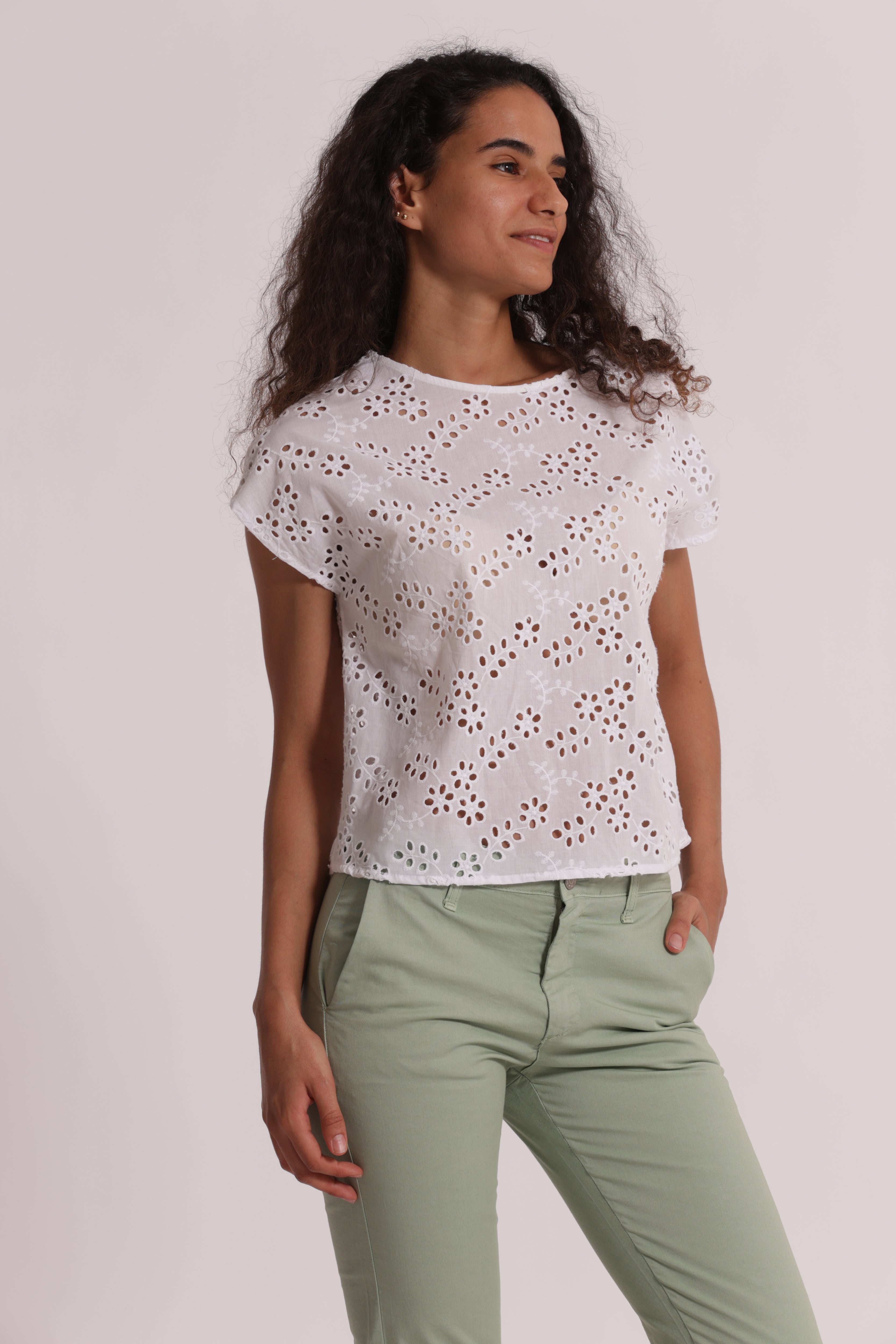 Mimi Mua Scollo Tondo Sangallo blusa bianco cotone