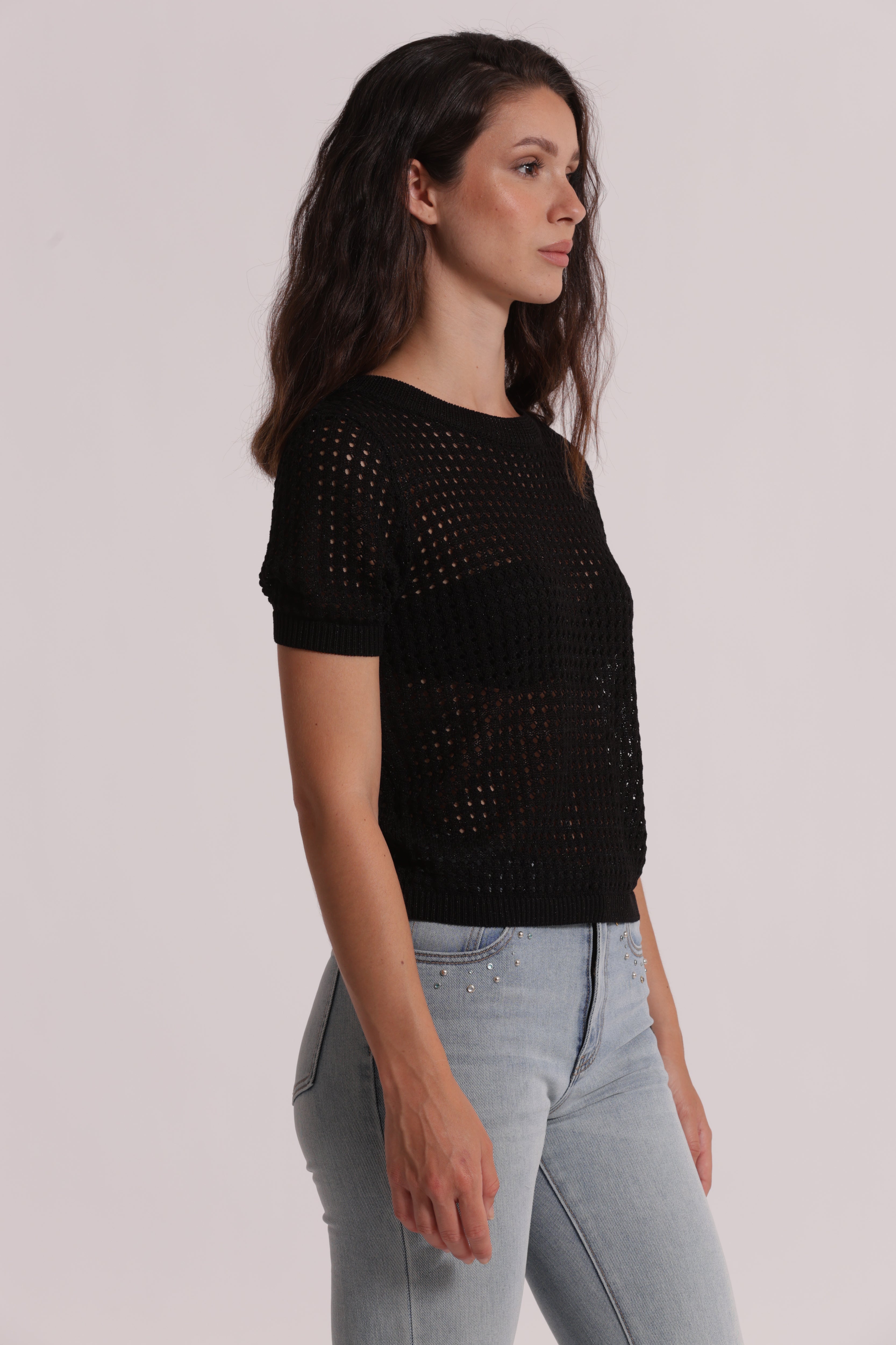 Mimi Mua Maglia Traforata Maniche Corte Nero Viscosa
