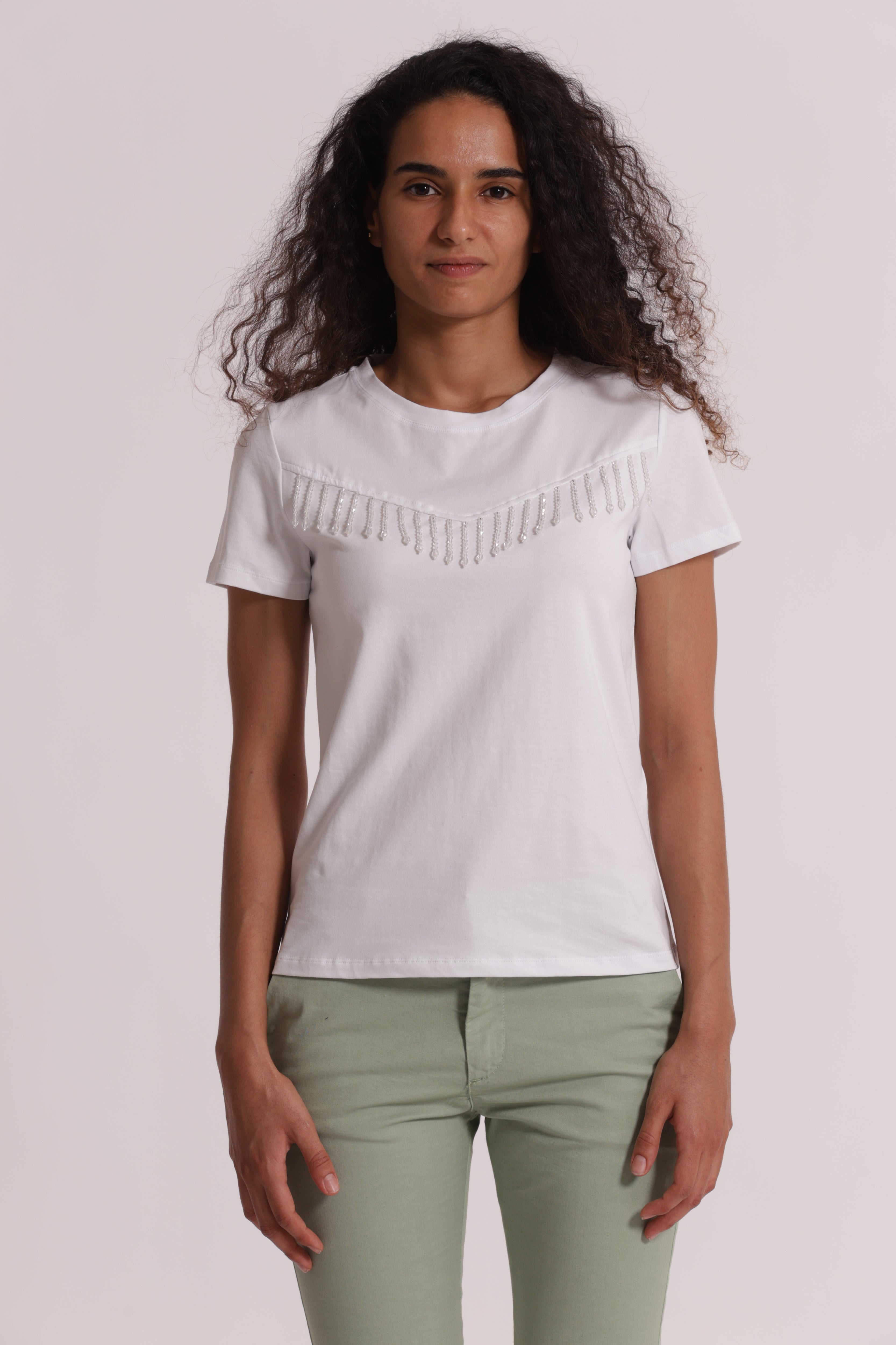 Mimi Mua T-Shirt Frange Perline Bianco