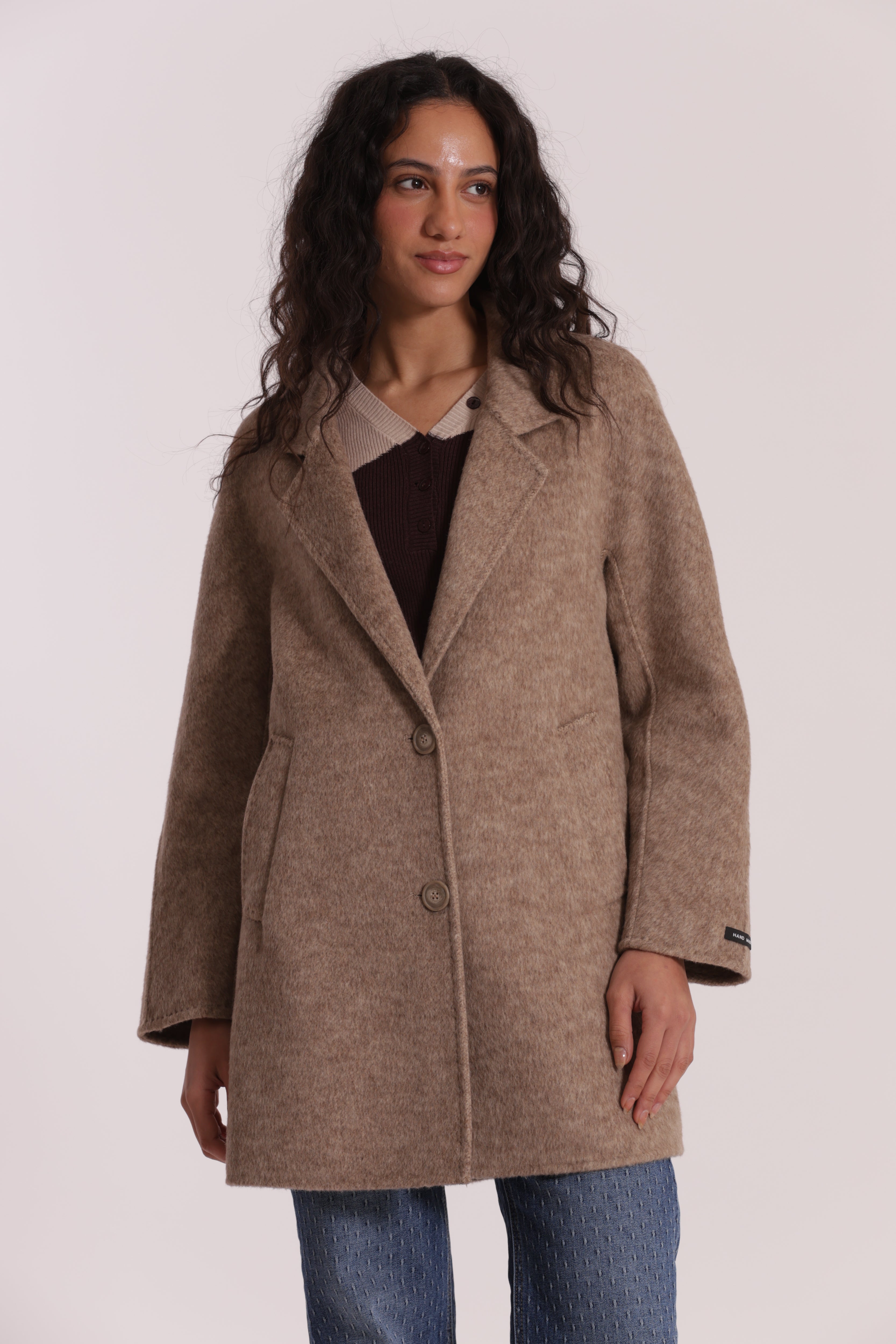 Mimi Mua Cappotto Corto Beige in misto lana