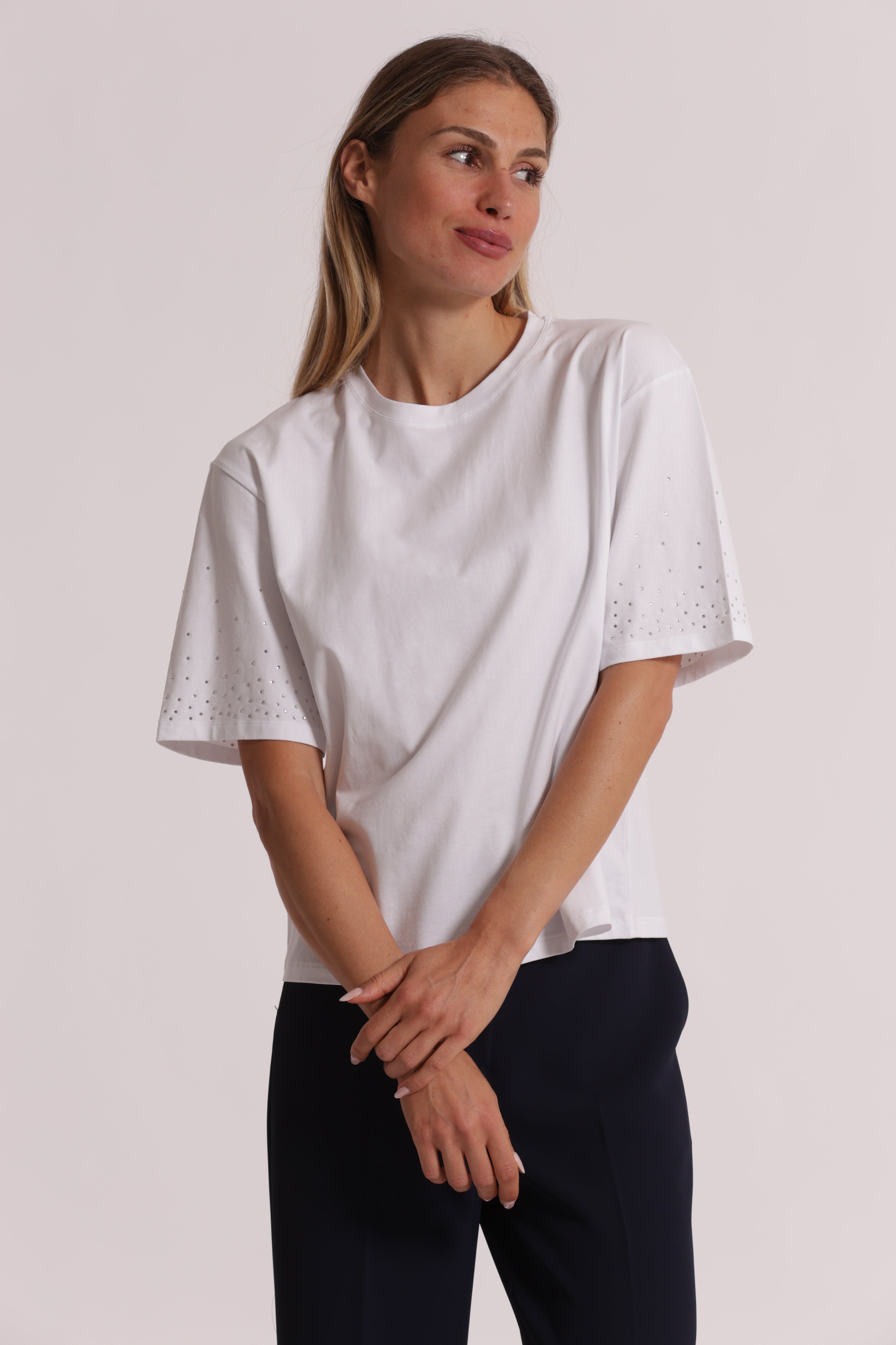 Mimi Mua t-shirt strass maniche bianco cotone